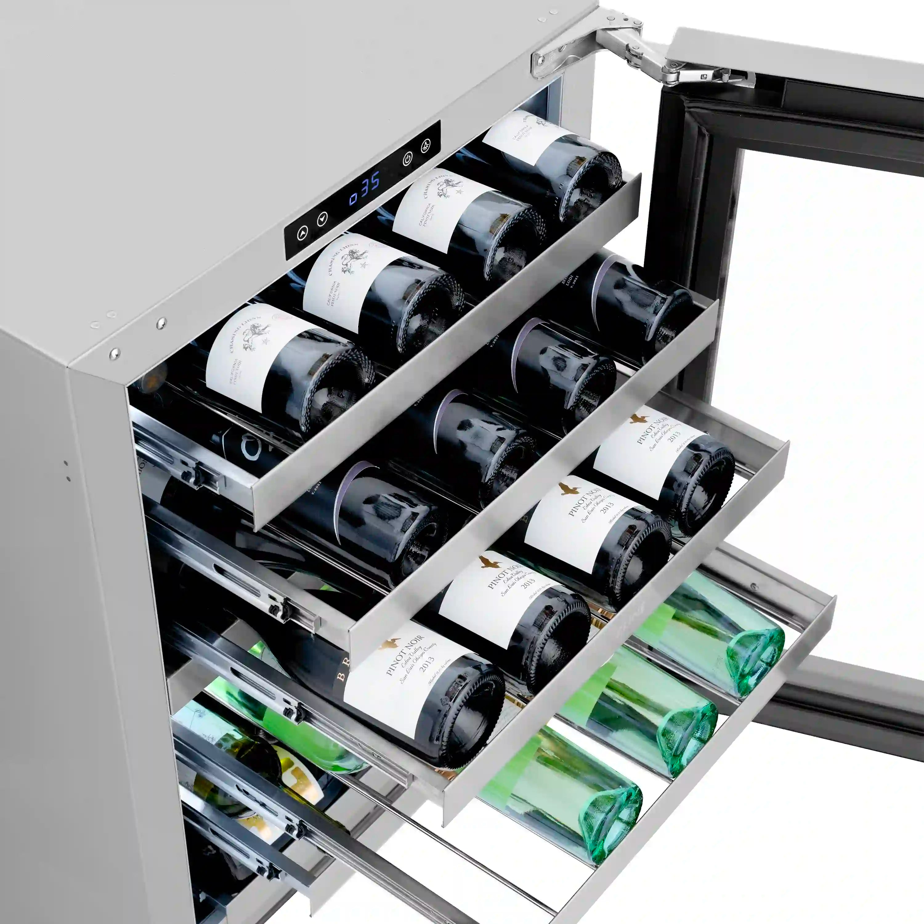 Open dual-zone wine cooler with bottle racks and glass door, bottles visible in compartments