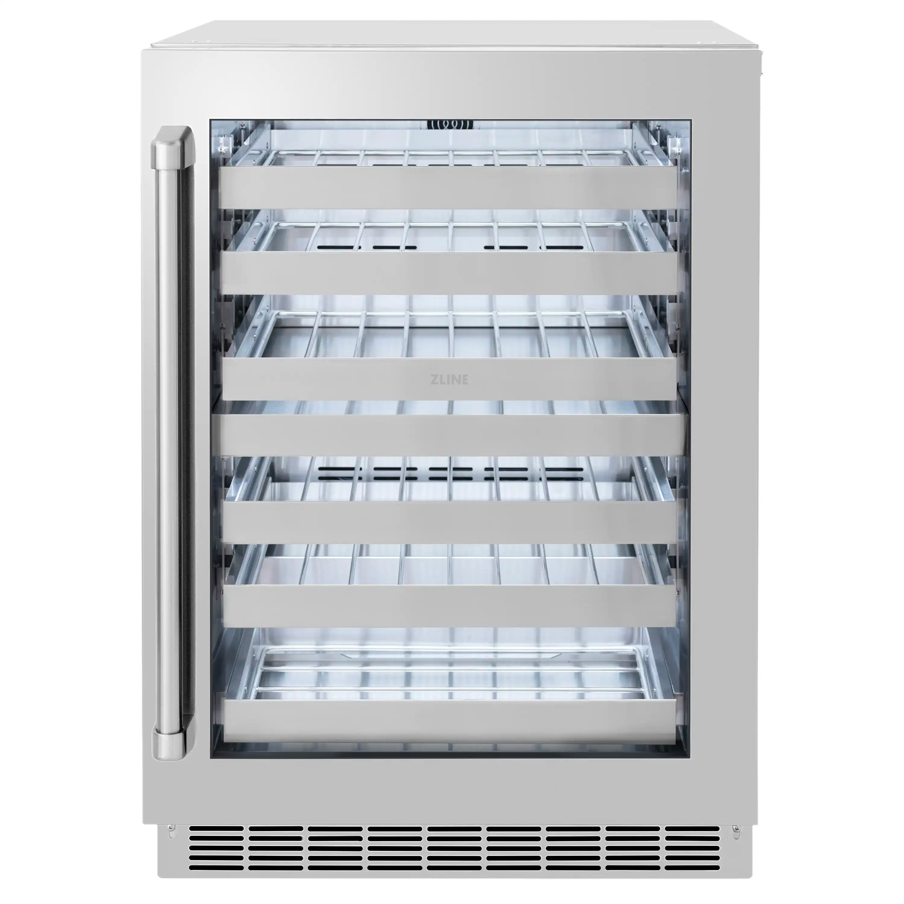 Countertop view of stainless steel wine cooler door open, empty wire bottle shelves
