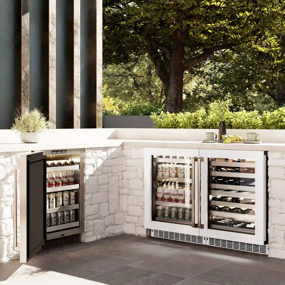 Open dual-zone wine cooler with two white matte glass doors and interior bottle shelves