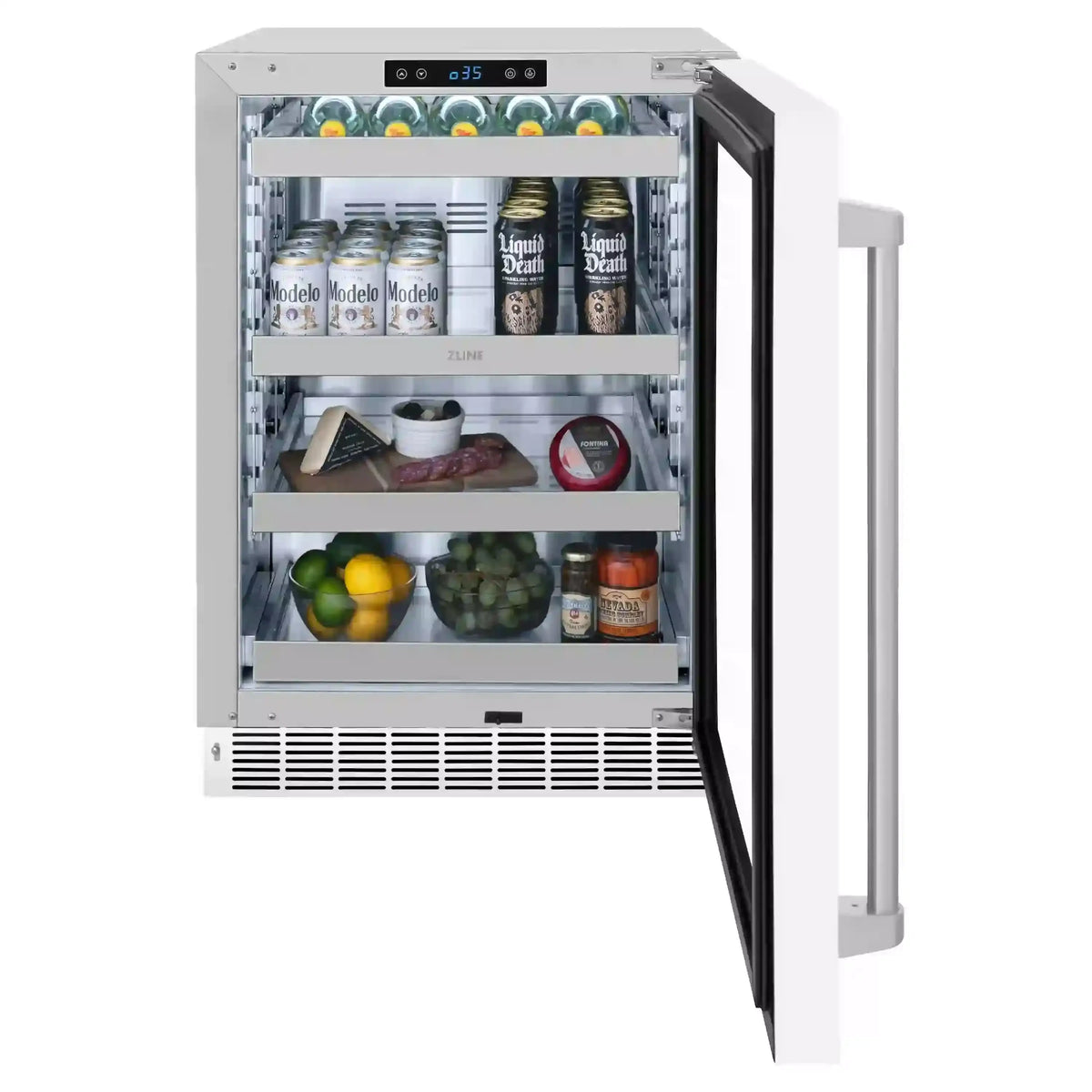 ZLINE 24-inch beverage fridge with white matte glass door open, shelves with cans visible