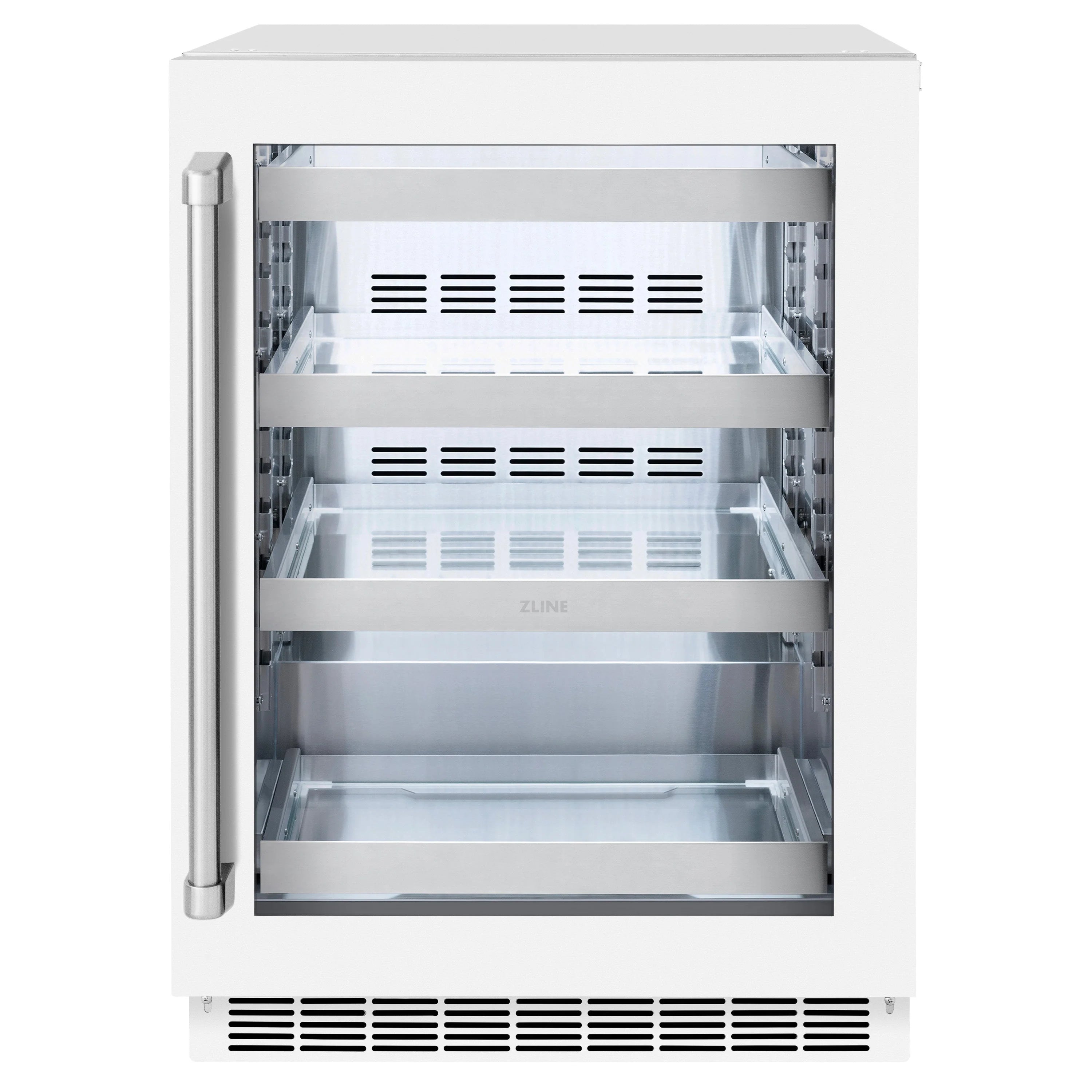 ZLINE beverage fridge interior view with clear shelves and bottom ventilation grille