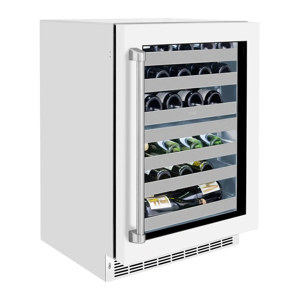 White dual-zone wine cooler with black-framed glass door and visible metal bottle racks