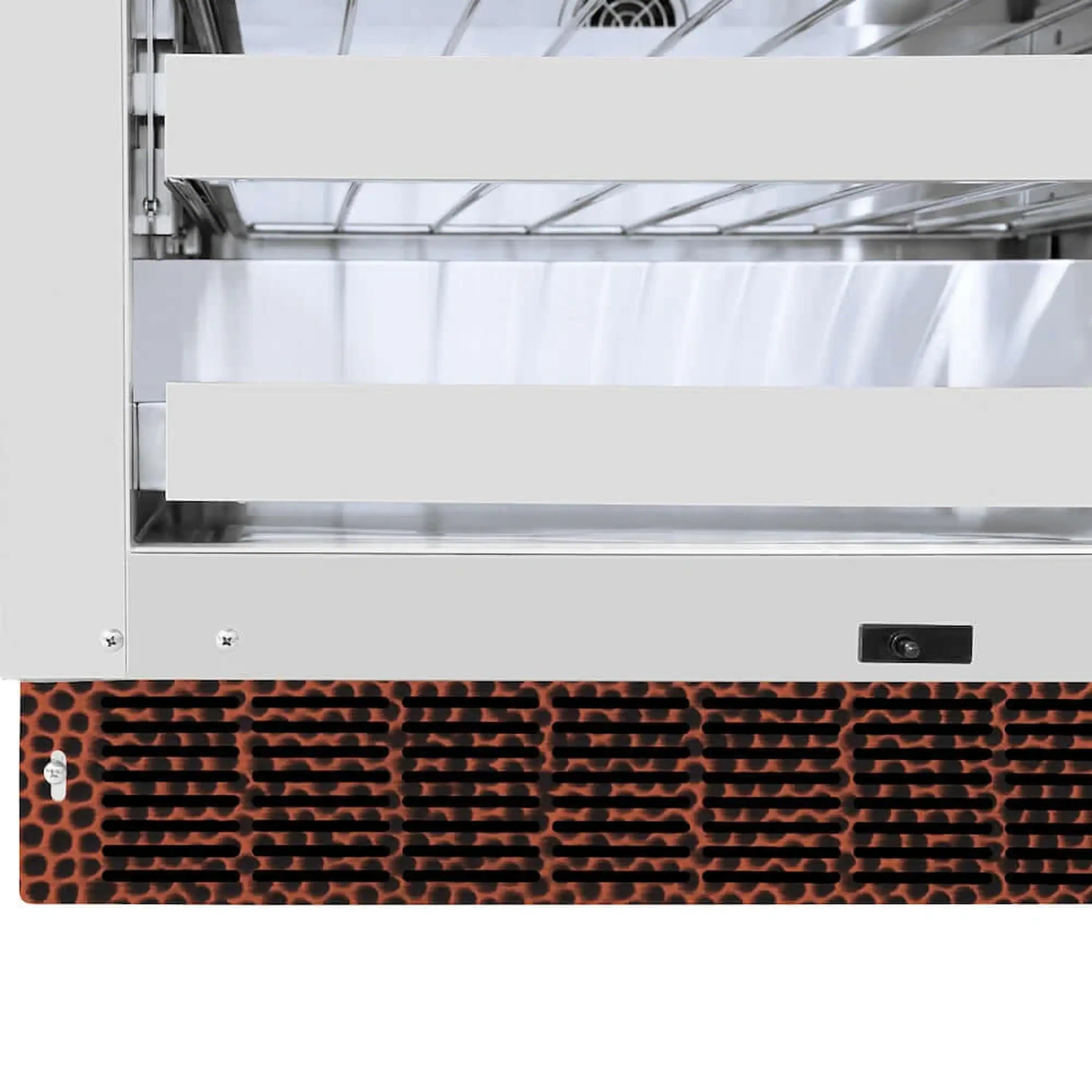 Wine cooler base vent with textured copper panel and black control switch