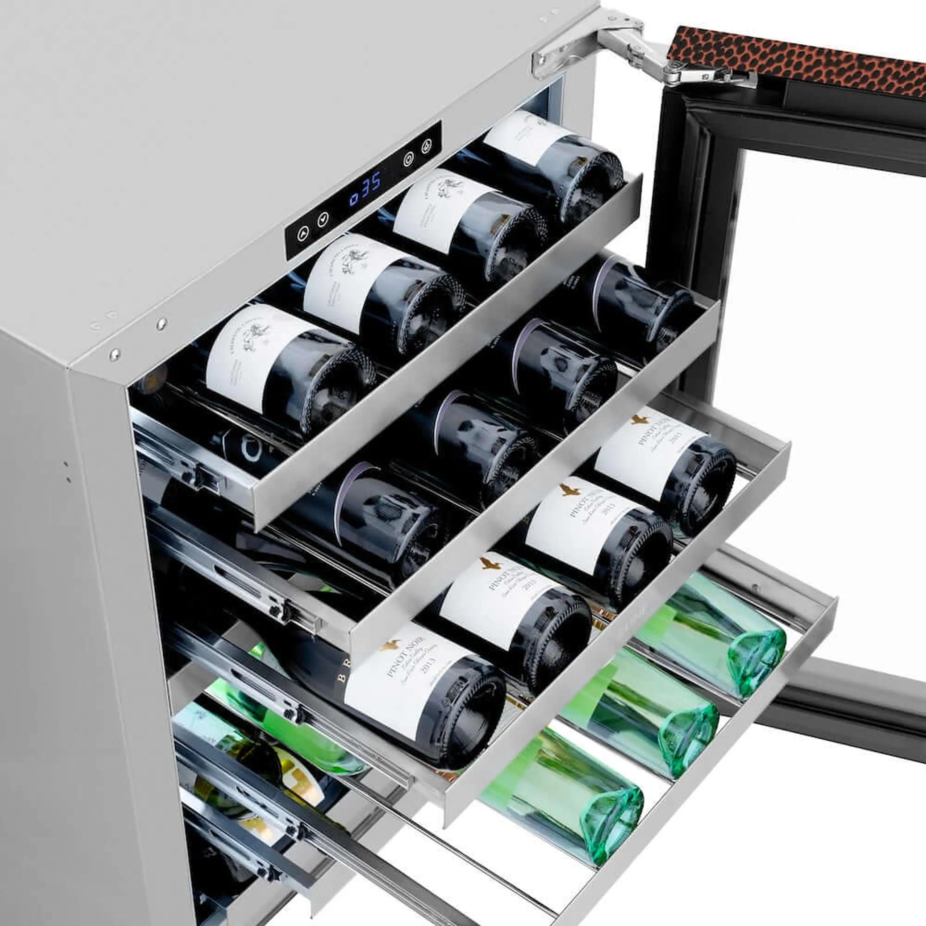Dual-zone wine cooler with open racks holding dark wine bottles