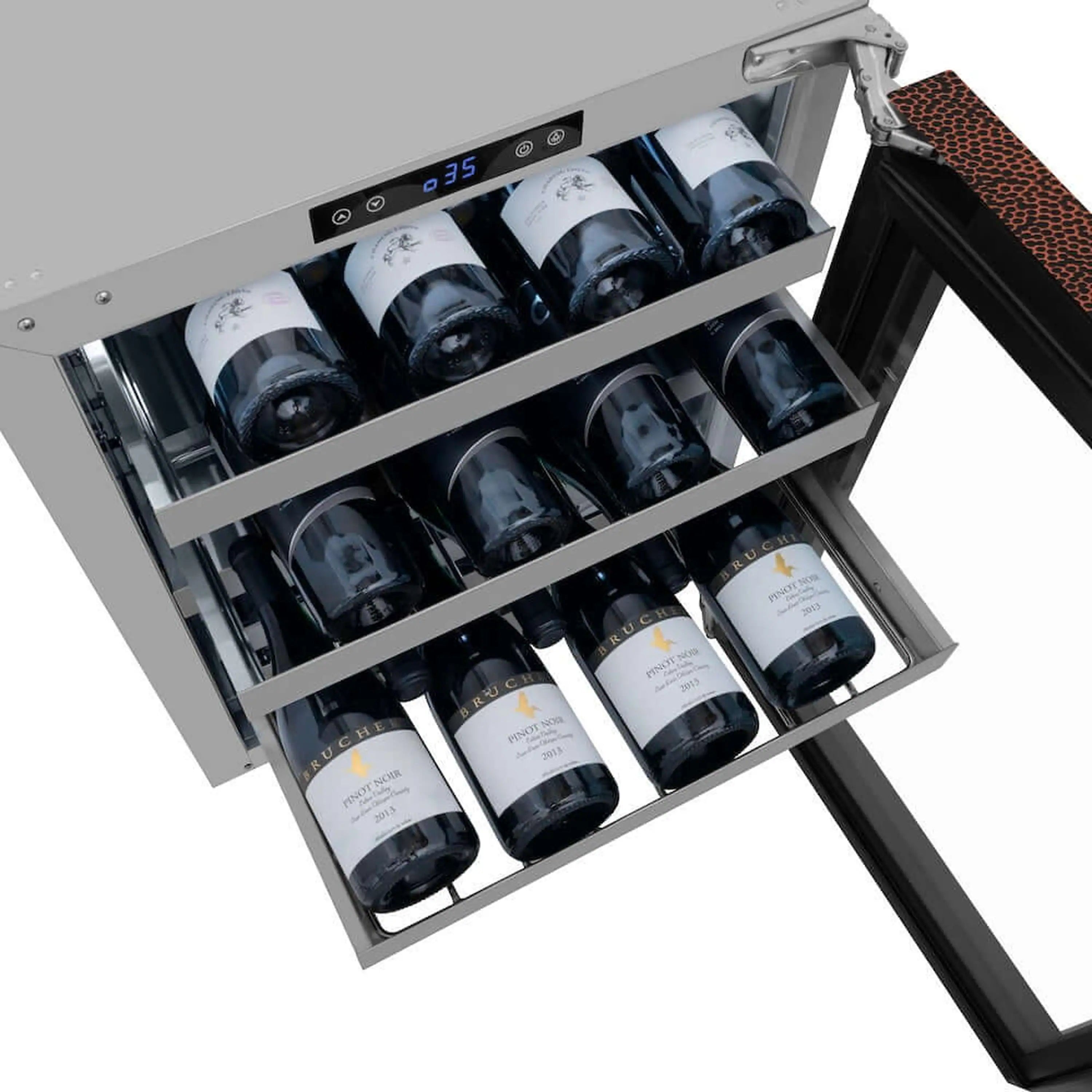 Dual-zone wine cooler with open racks and glass door showing multiple wine bottles
