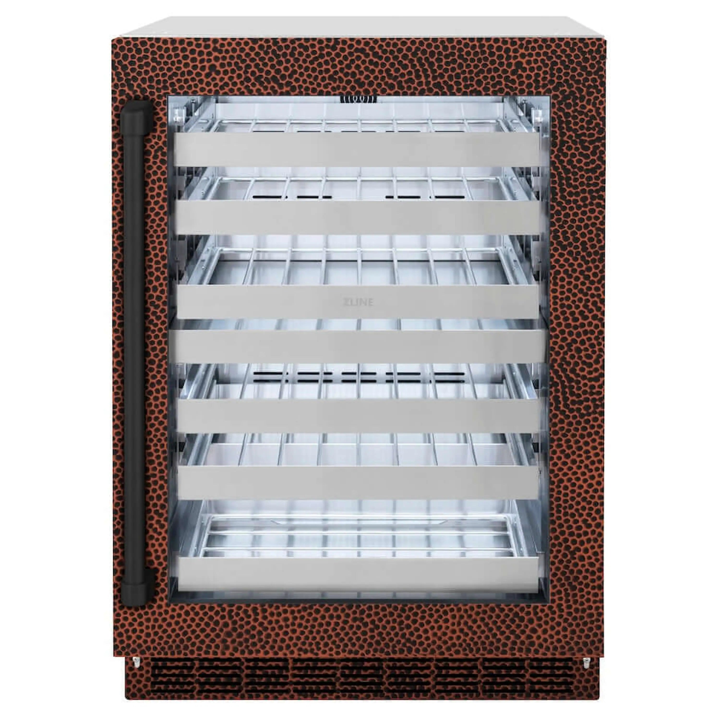Wine cooler with hand-hammered copper door frame and open glass window