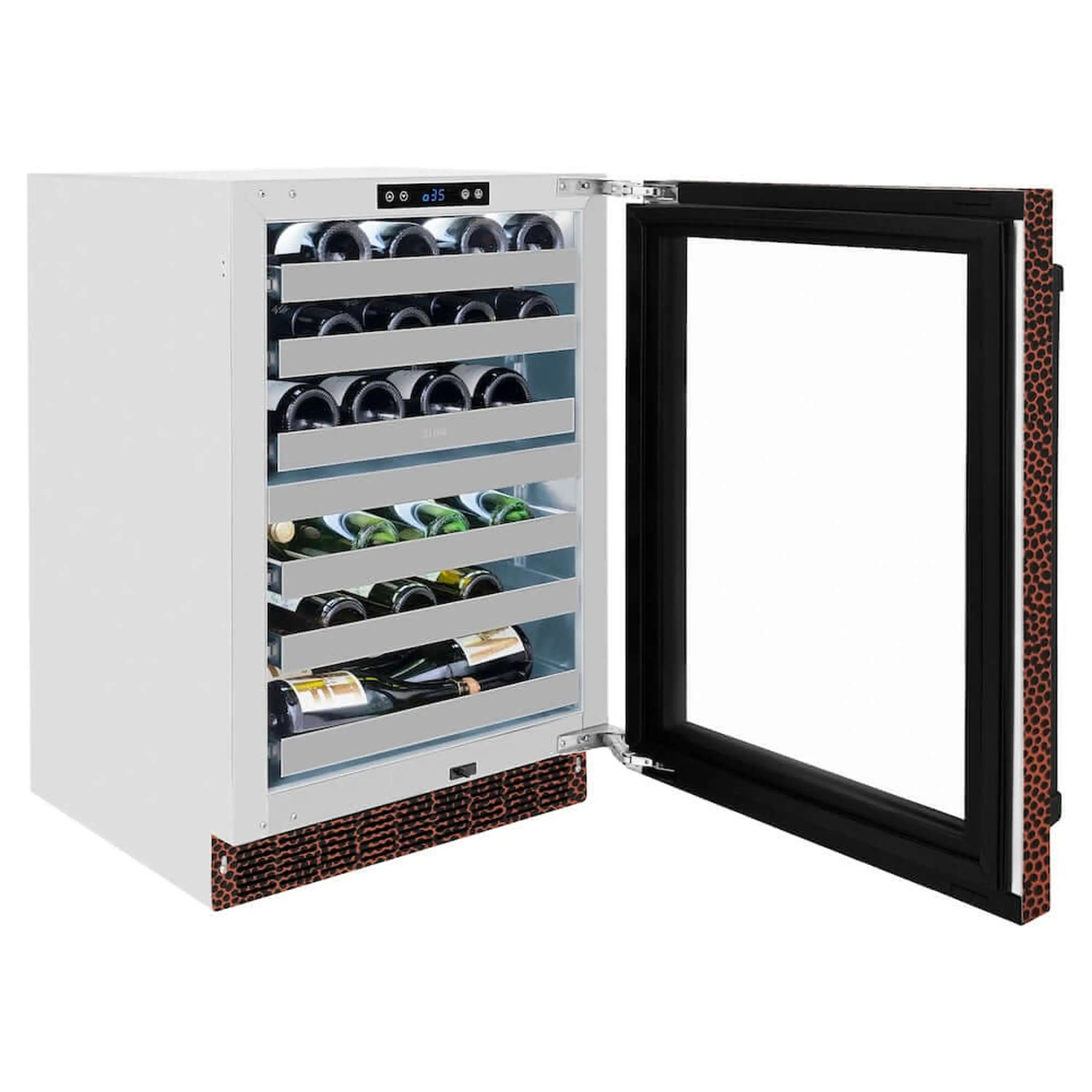 Dual-zone wine cooler with glass door, open shelves with wine bottles, black frame