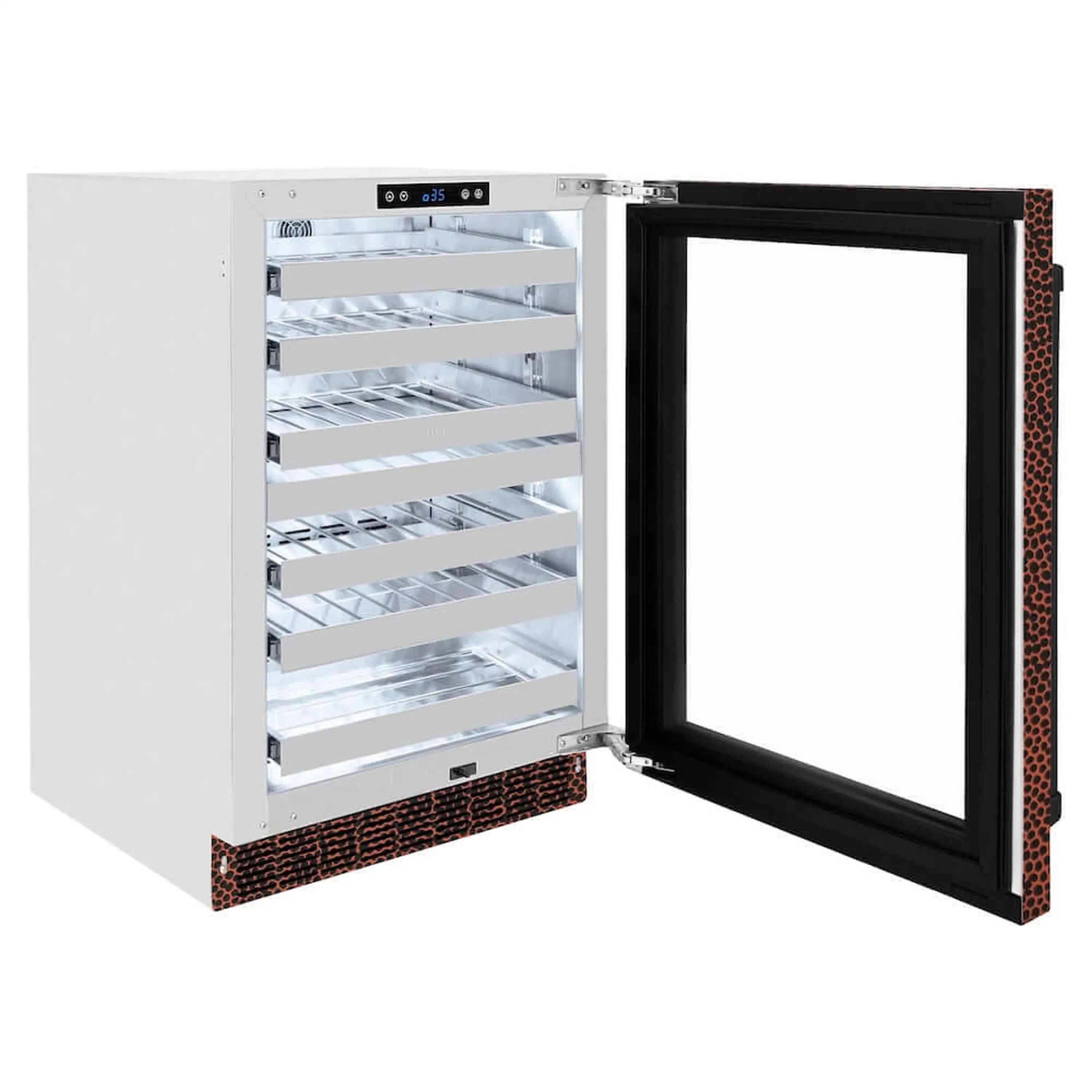 Wine cooler with open door and black glass panel on the hinged frame