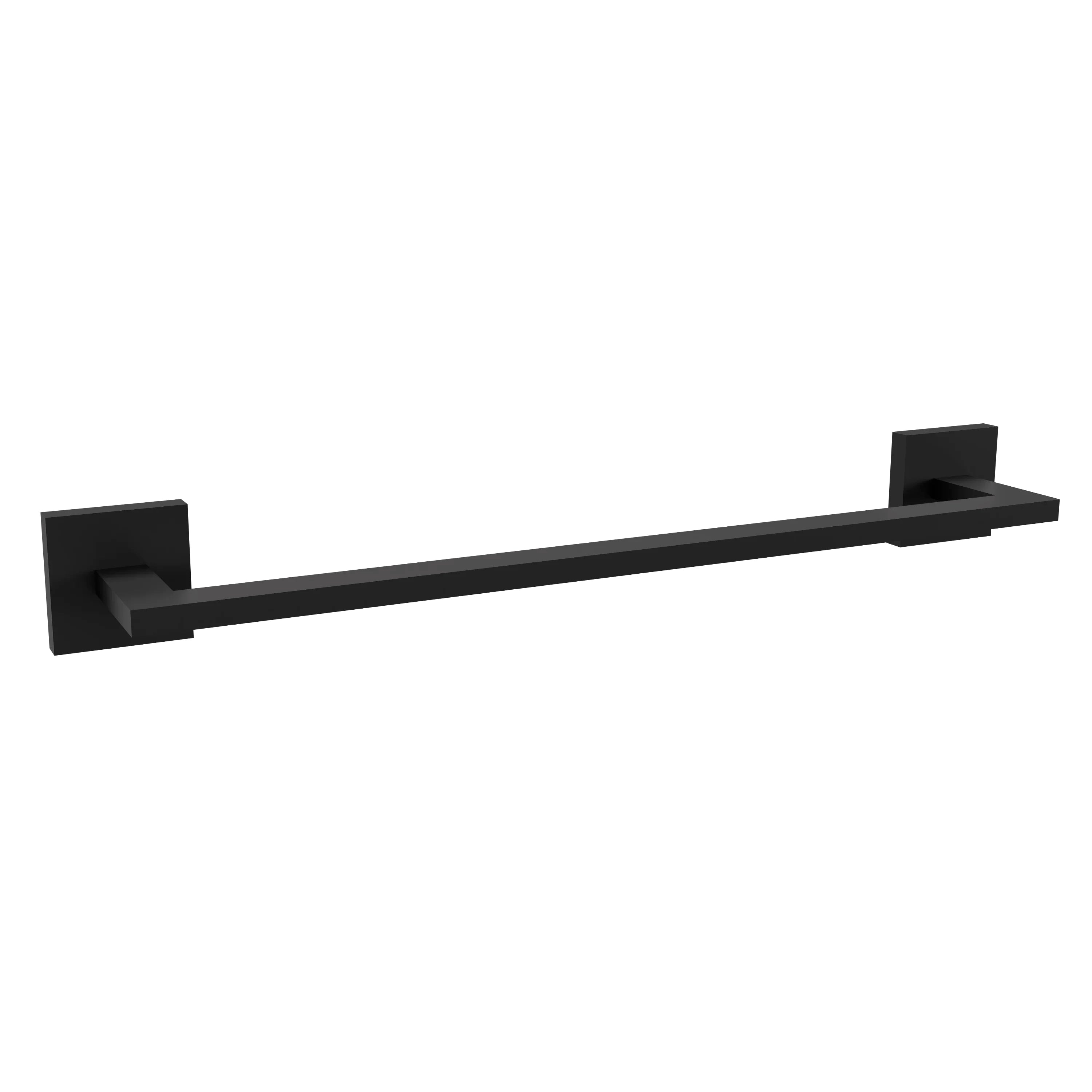Wall-mounted matte black towel rail with long horizontal bar and squared corner brackets.