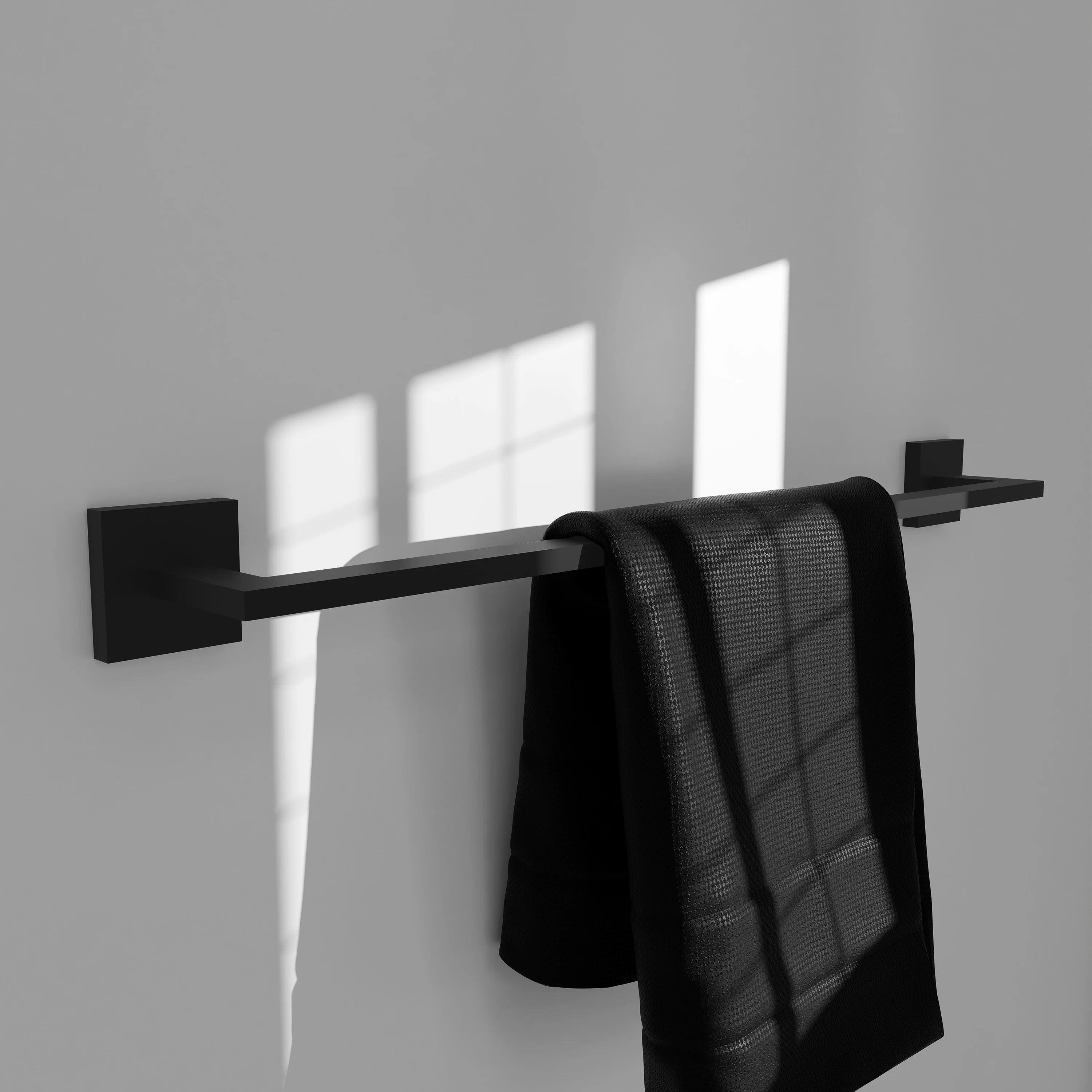 Matte black 24-inch towel rail with two square wall mounts and flat bar