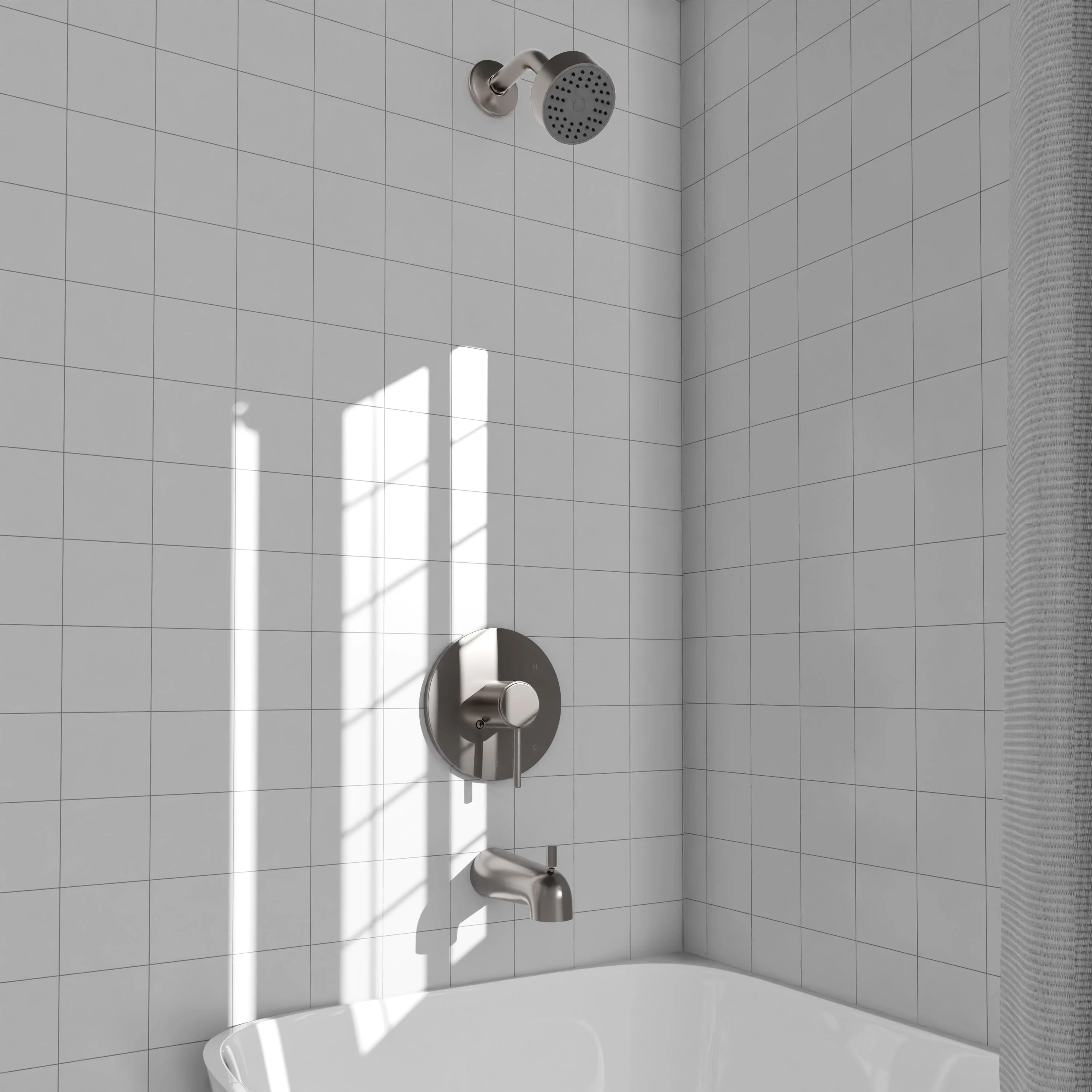 Brushed nickel shower control trim with handheld spout and overhead showerhead