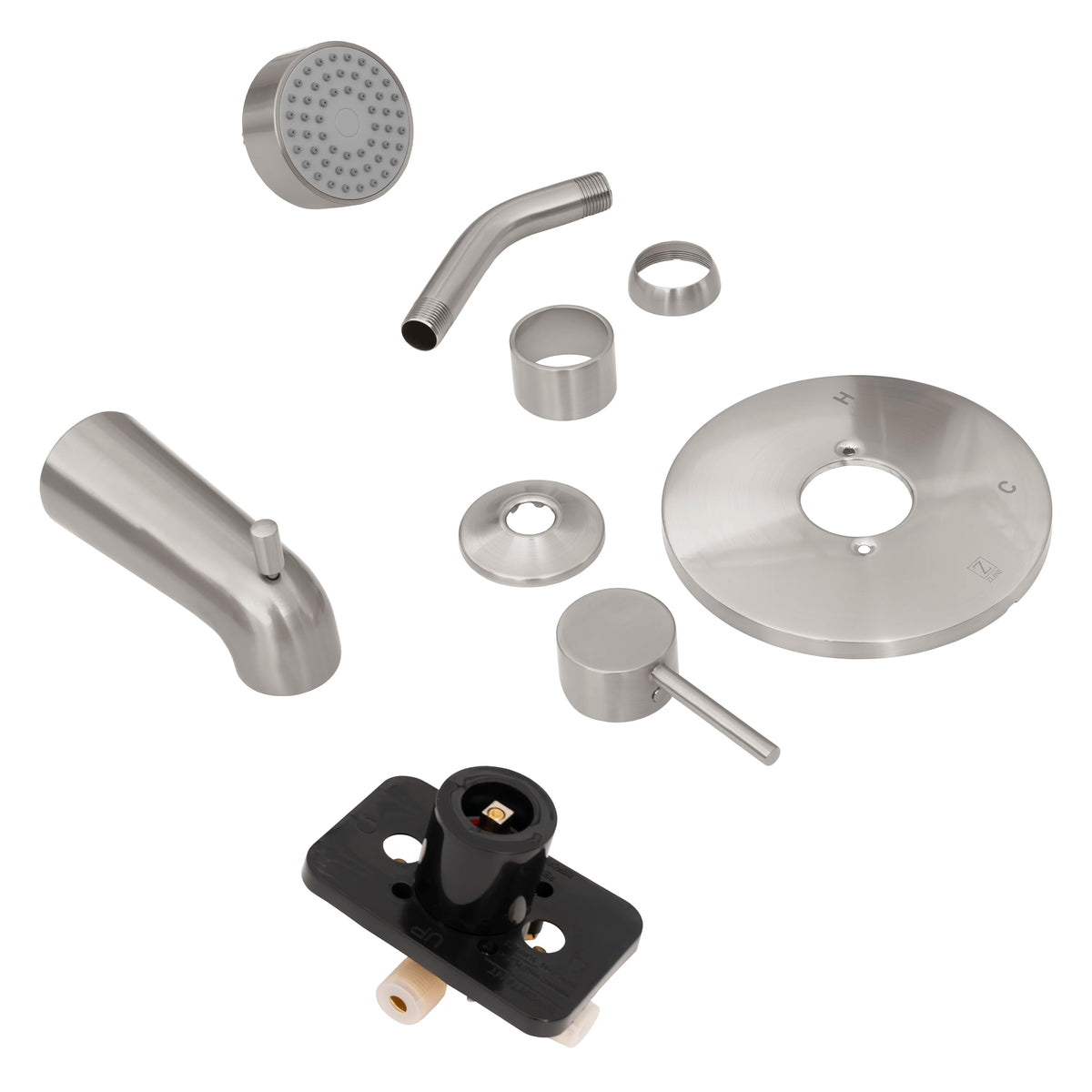 Brushed nickel shower system components in an exploded view with spray head and trims