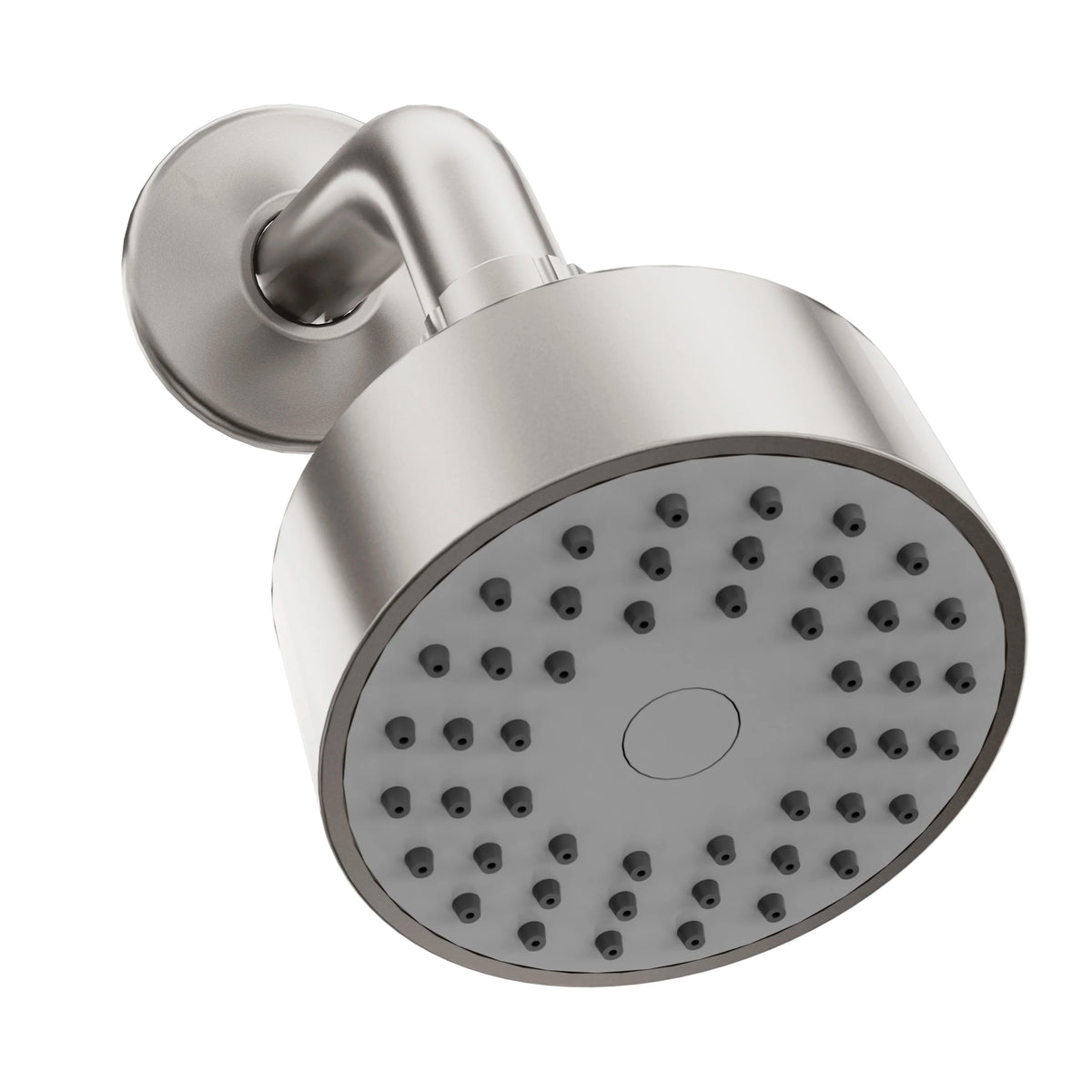 Brushed nickel overhead showerhead with circular spray face and smooth handle