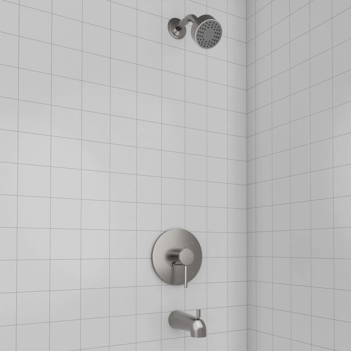Brushed nickel wall-mounted shower control with round trim plate and showerhead