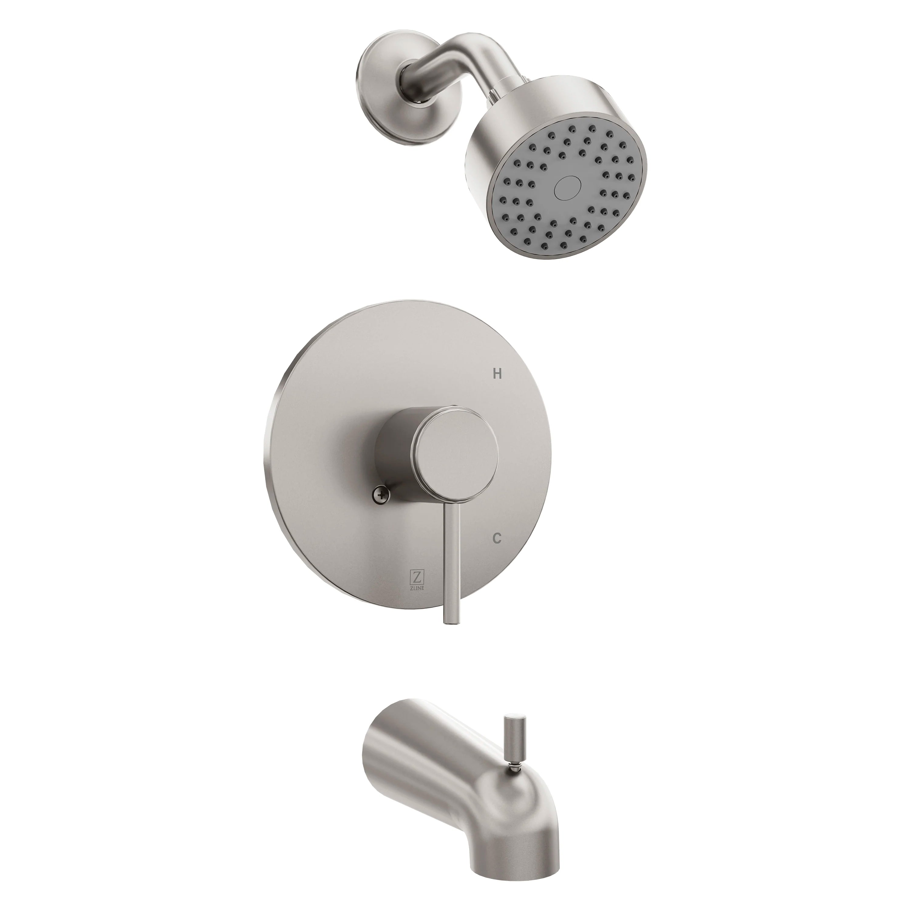 Brushed nickel shower trim set with overhead showerhead and round diverter control