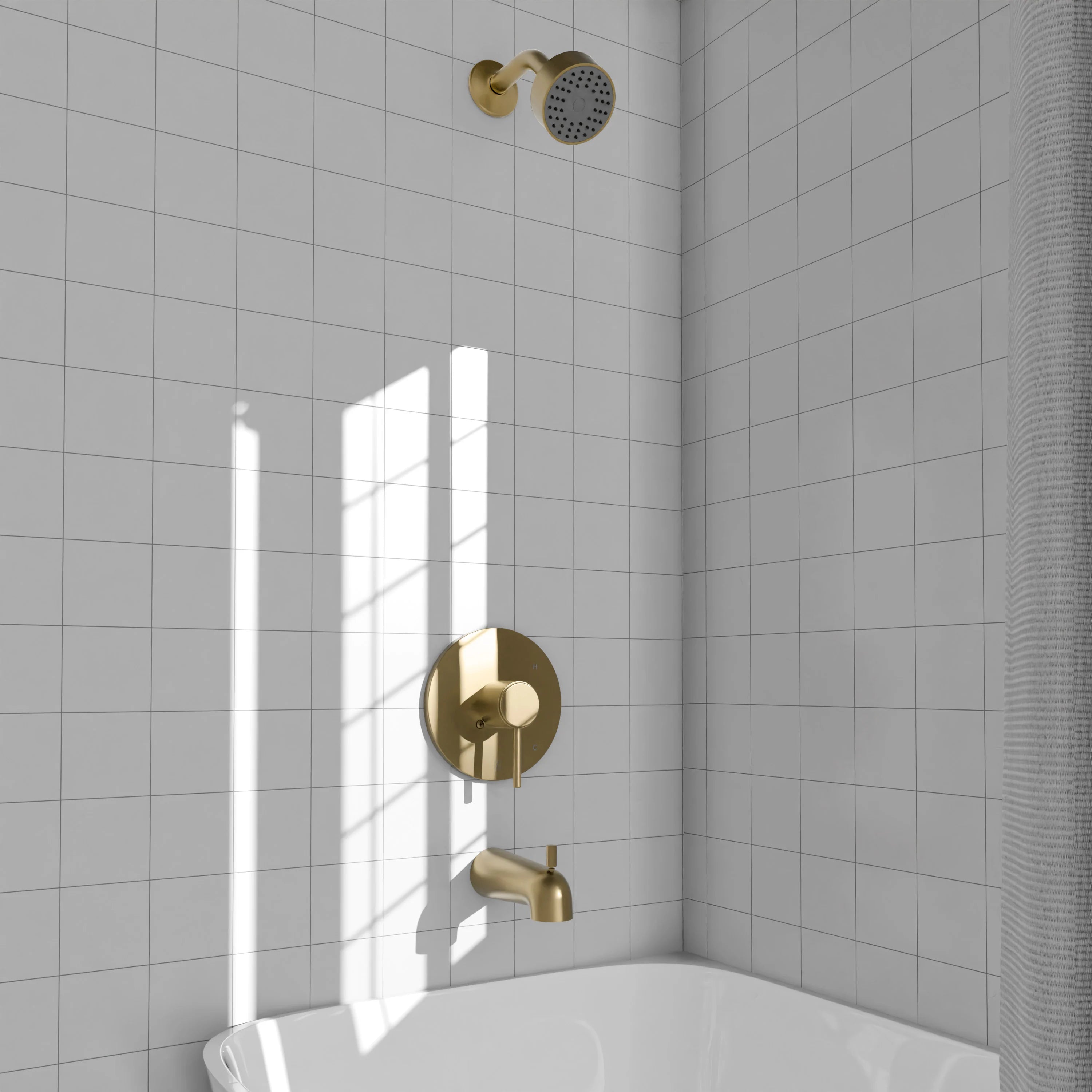 Champagne bronze shower system with wall valve, spout outlet, and showerhead