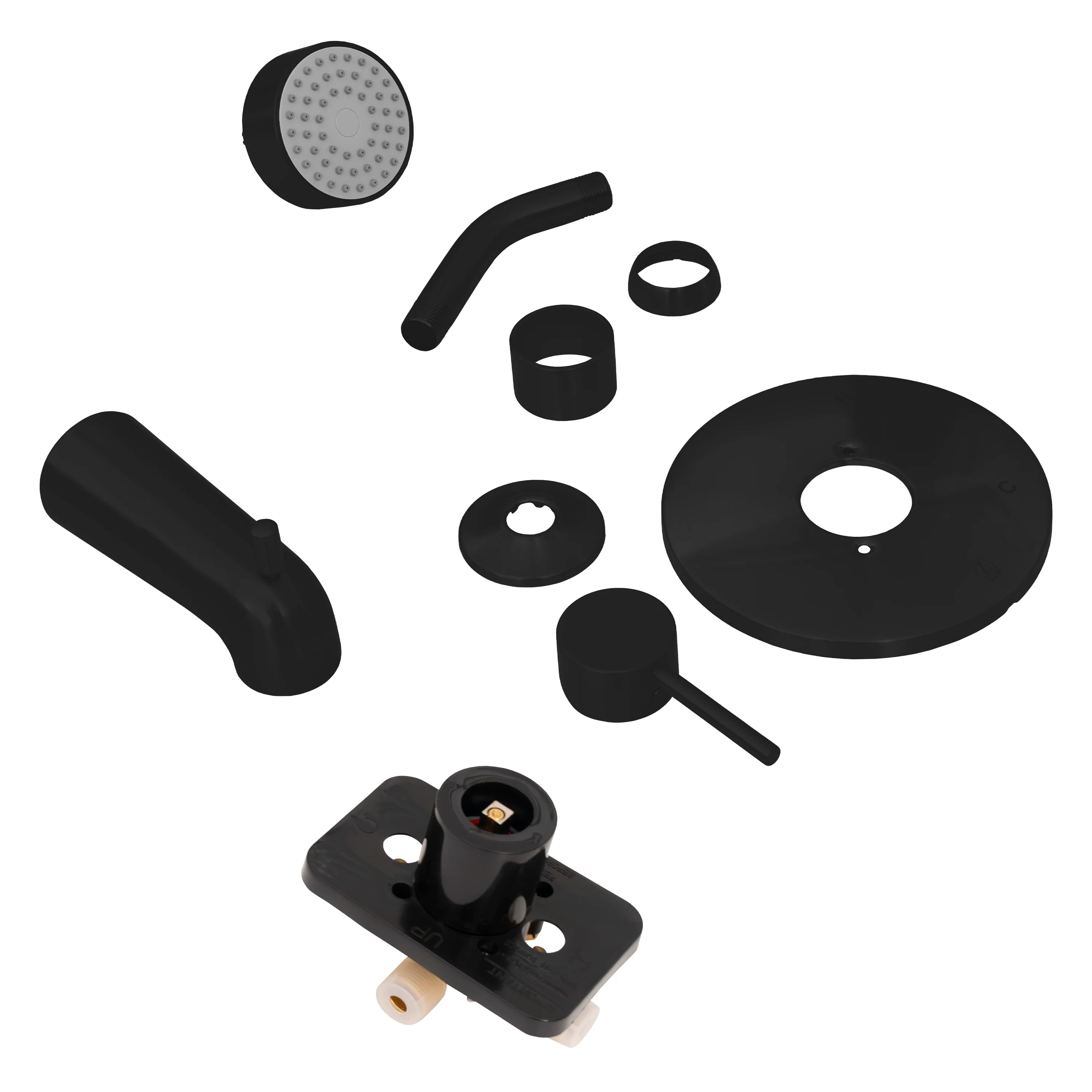 Matte black shower system parts set with showerhead, arm, handle, and escutcheons
