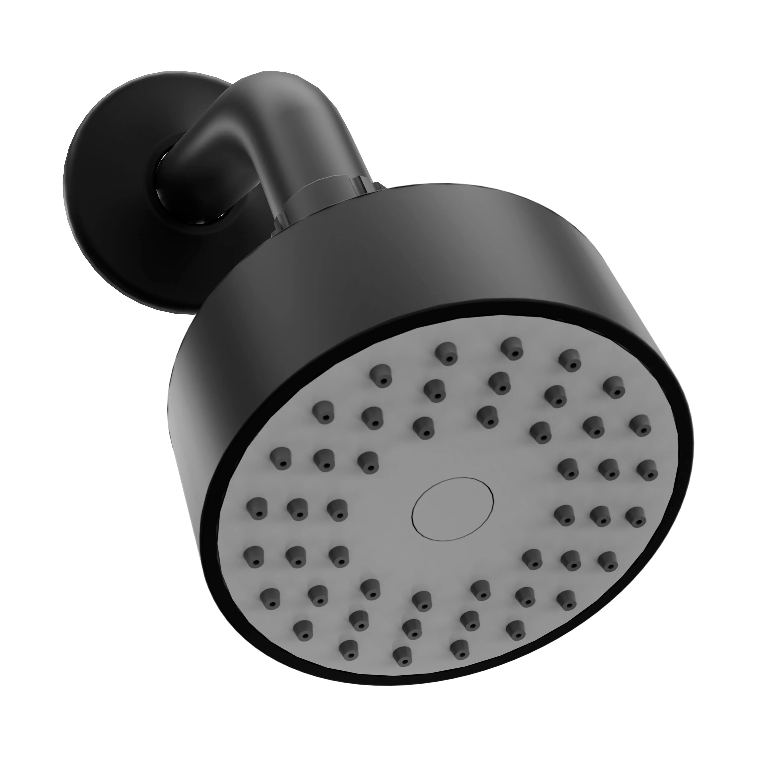 Matte black round showerhead with multi-hole spray face and wall mount arm
