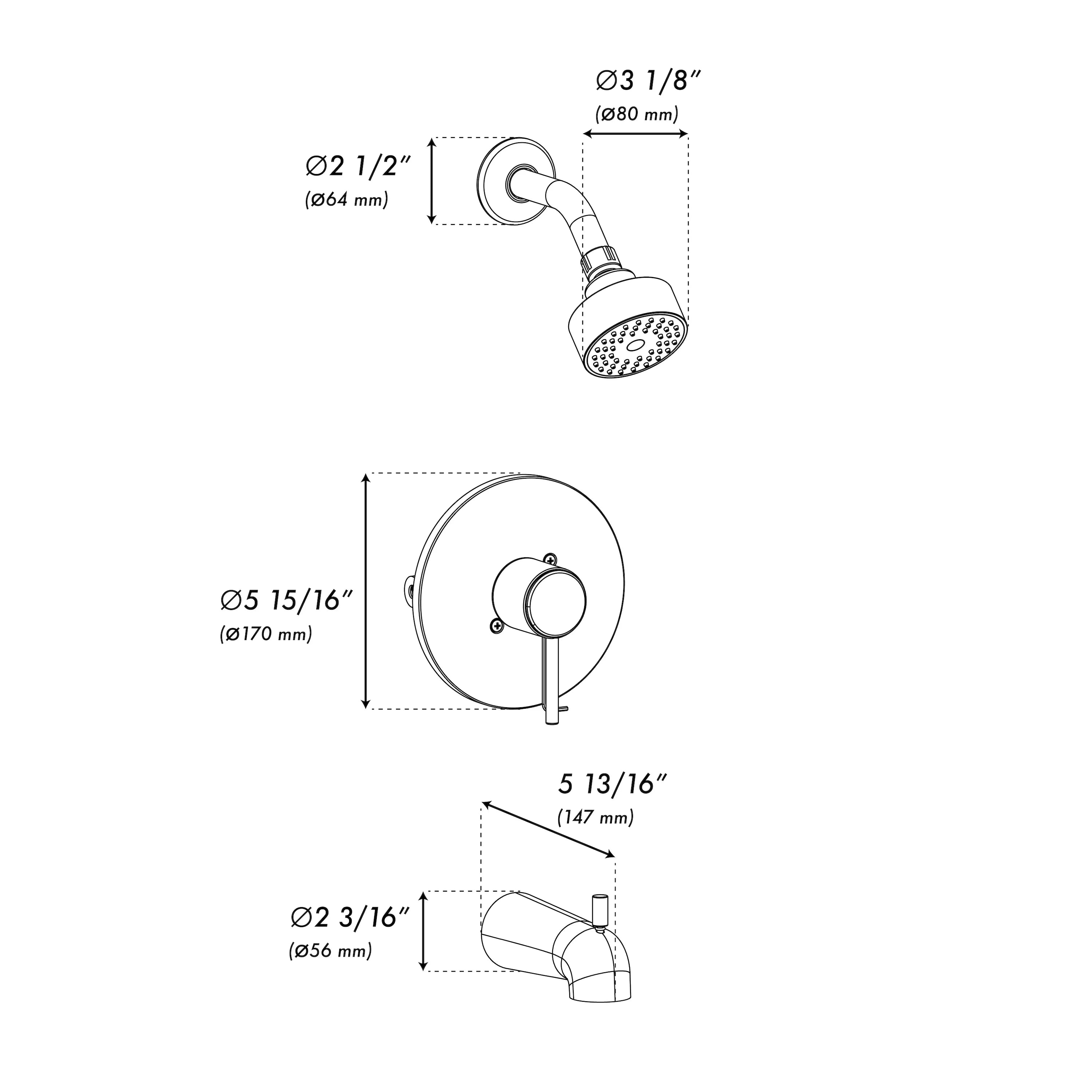 Matte black shower system diagram showing showerhead, handle, and dimensions
