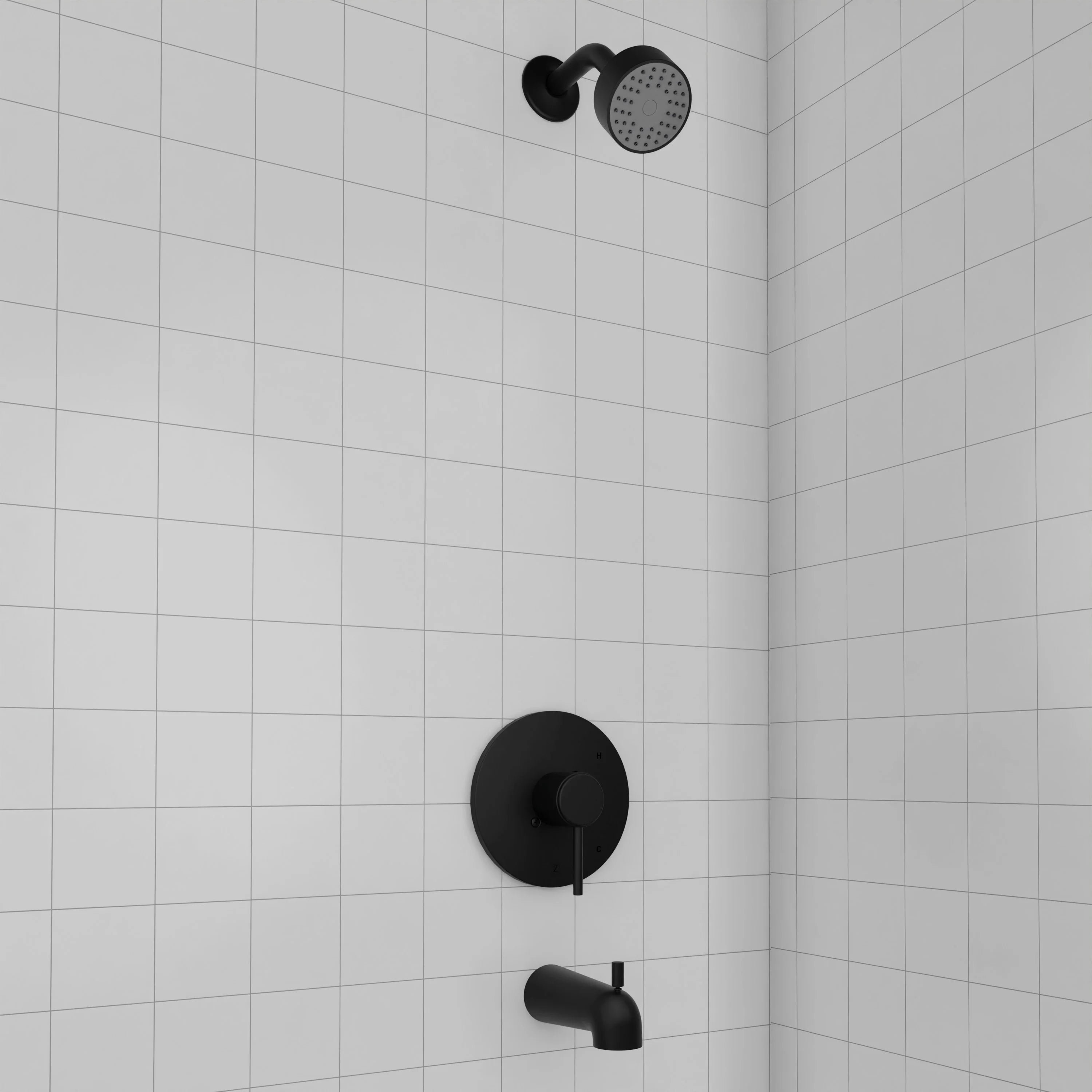 Matte black shower control with round wall plate, lever, and showerhead in place