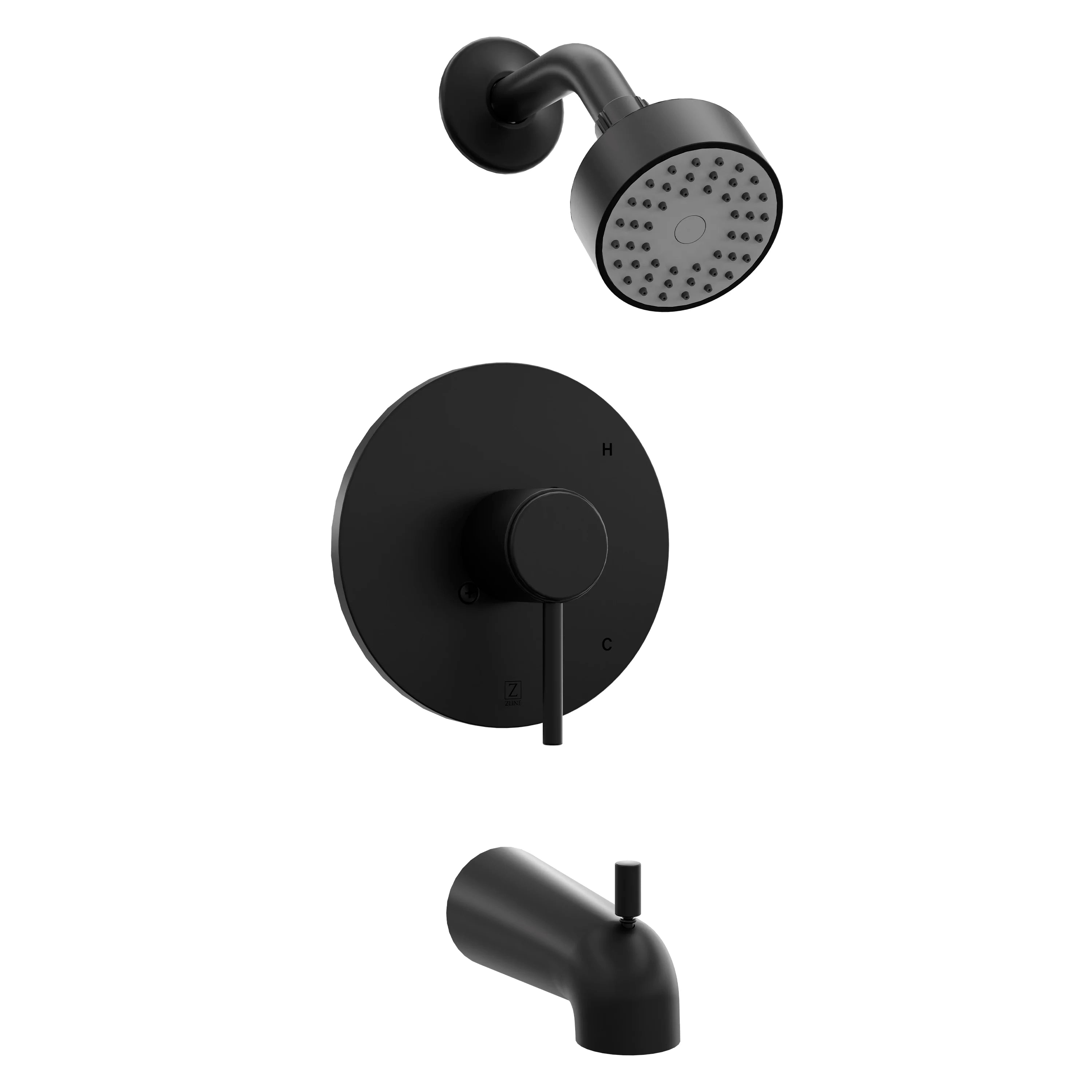 Matte black showerhead and single lever handle with circular wall escutcheon