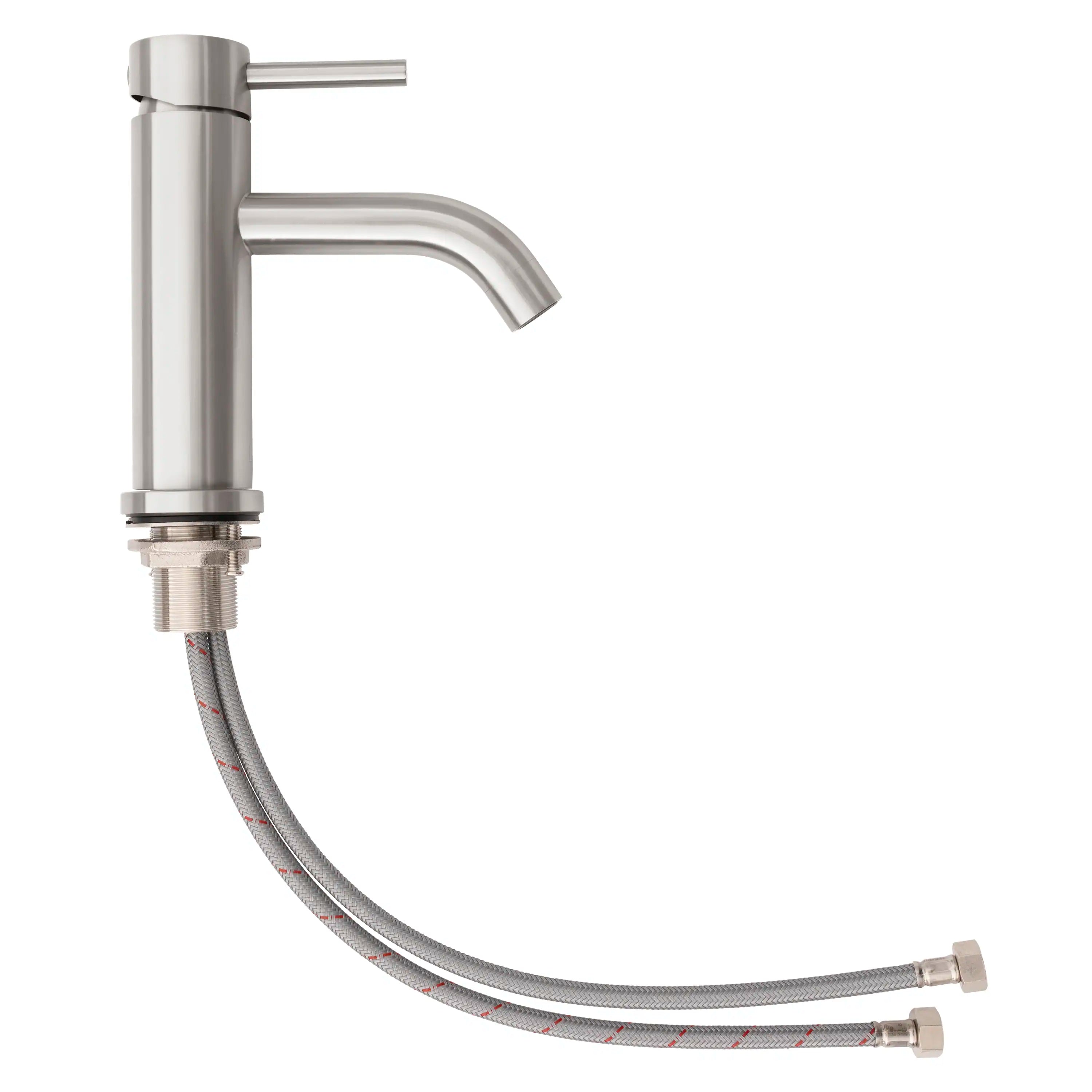 Brushed nickel bath faucet with curved spout and flexible supply hoses