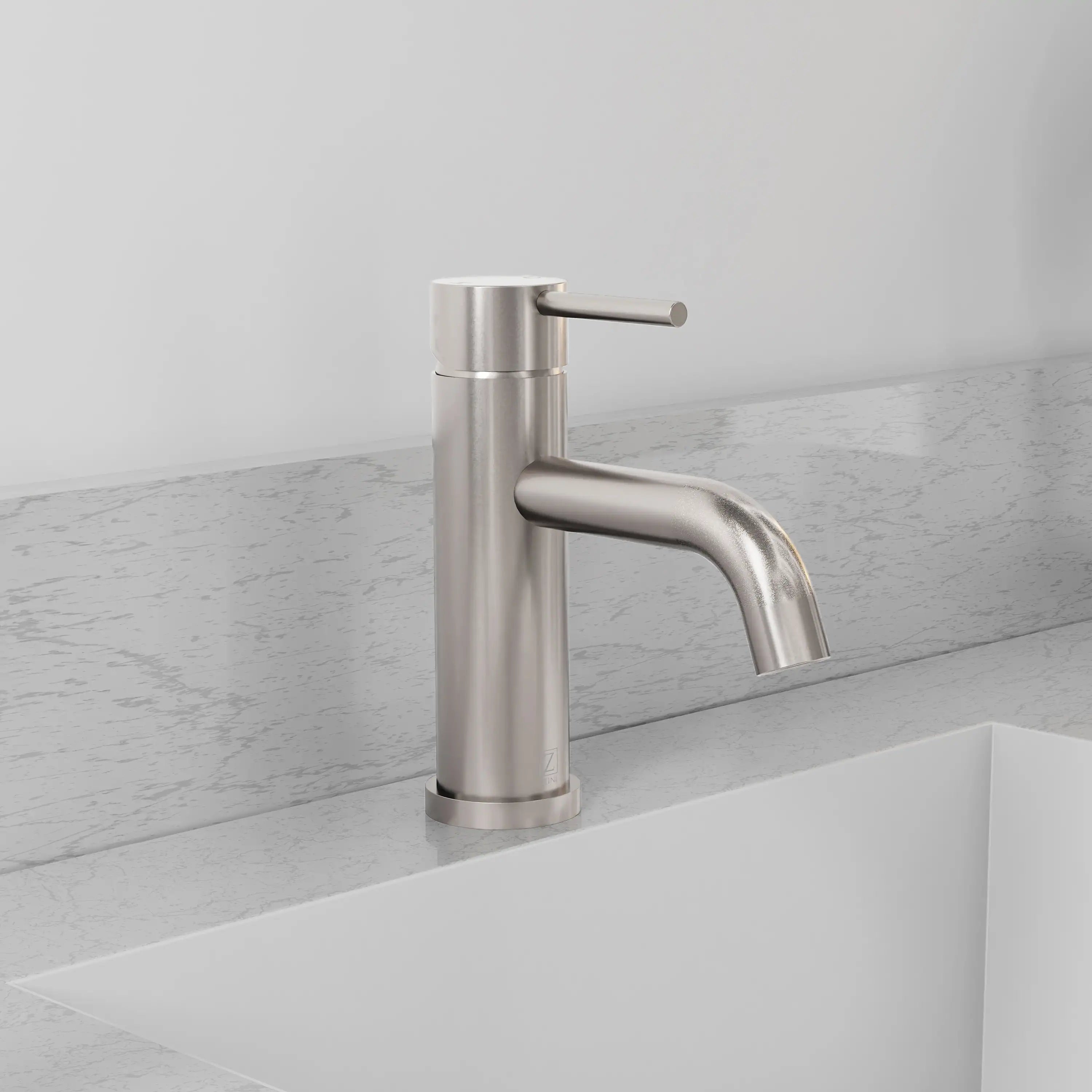 Tall single-handle bath faucet with curved spout, brushed nickel finish on sink deck