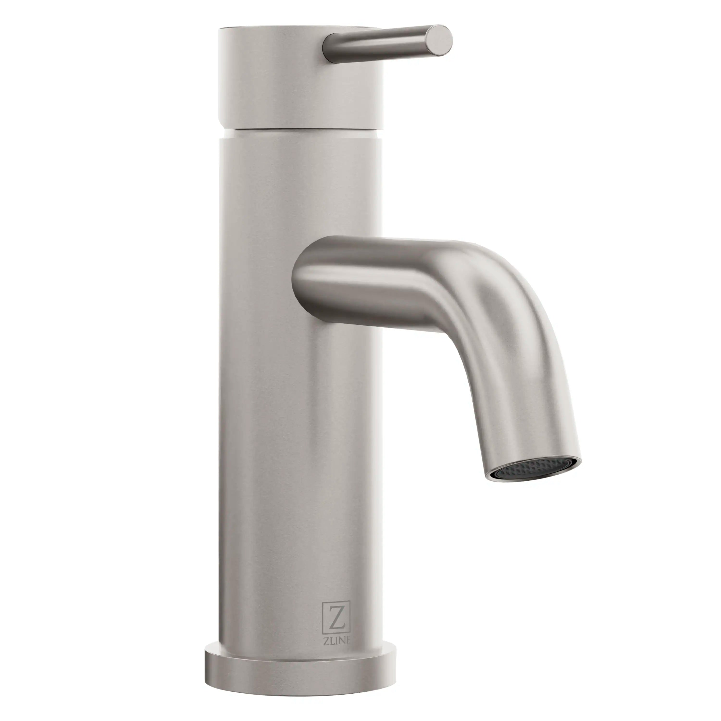 Close-up single-handle bath faucet with curved spout and brushed nickel finish