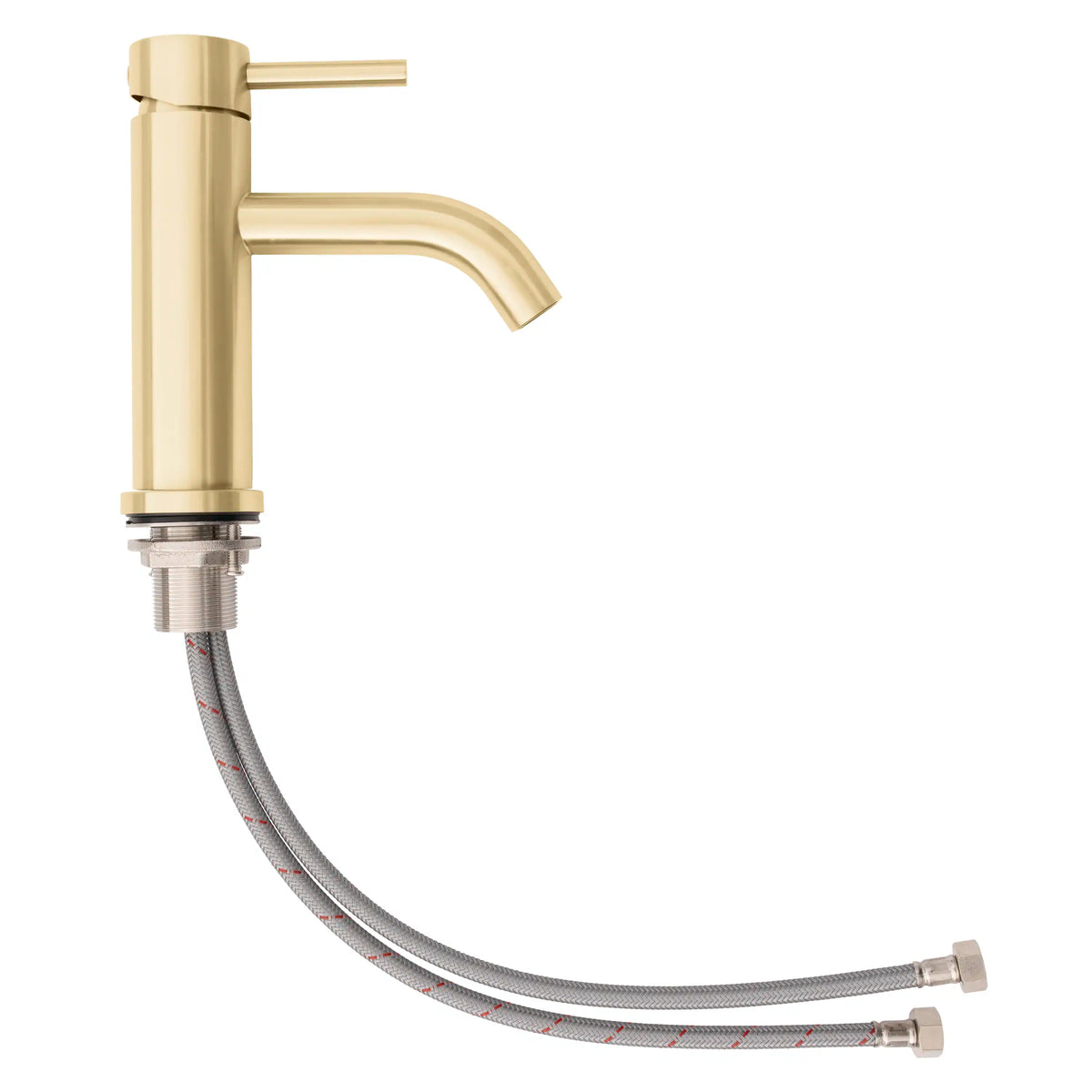 Champagne bronze faucet with single lever handle and flexible supply hoses attached.