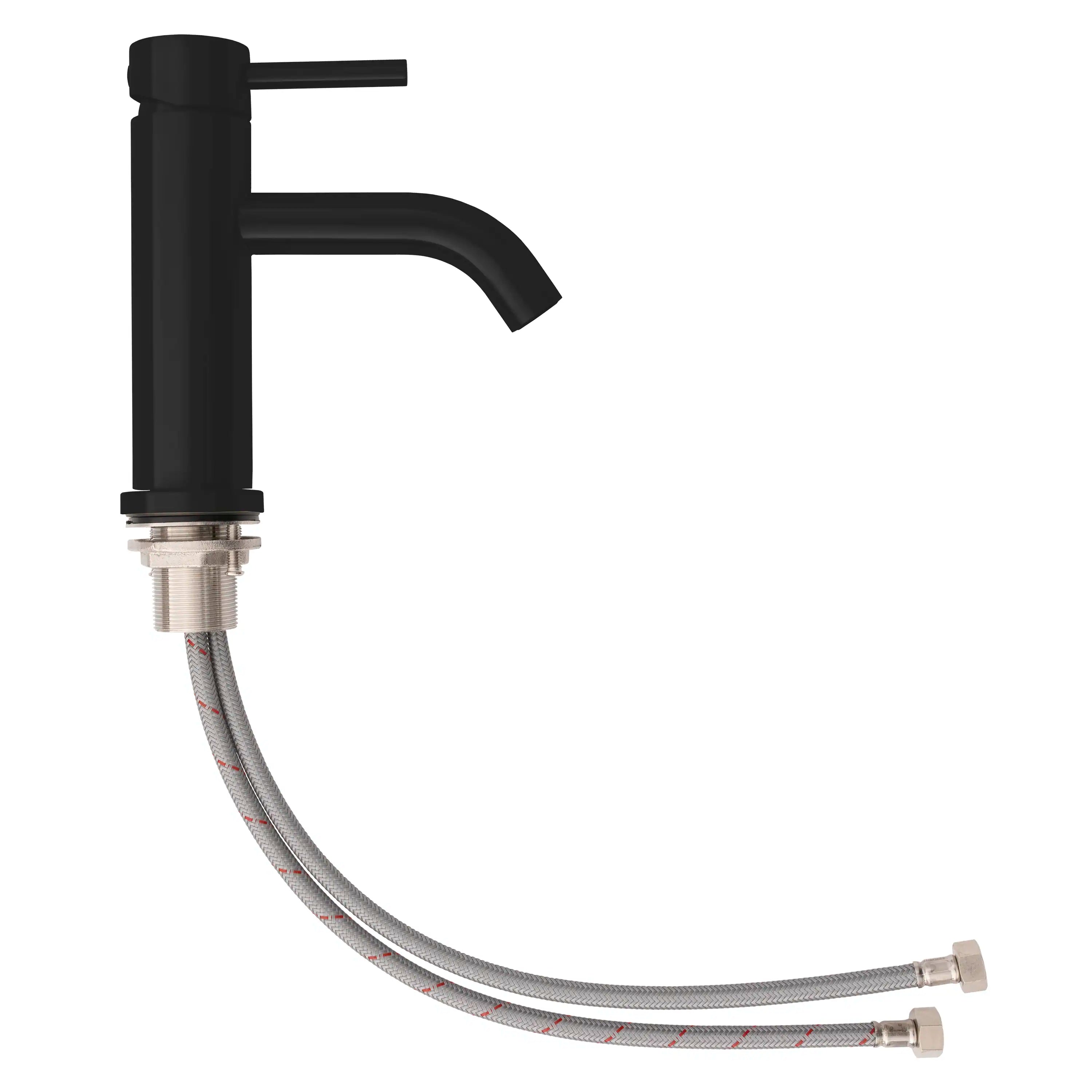 Matte black faucet supply hoses with braided lines and connector fittings