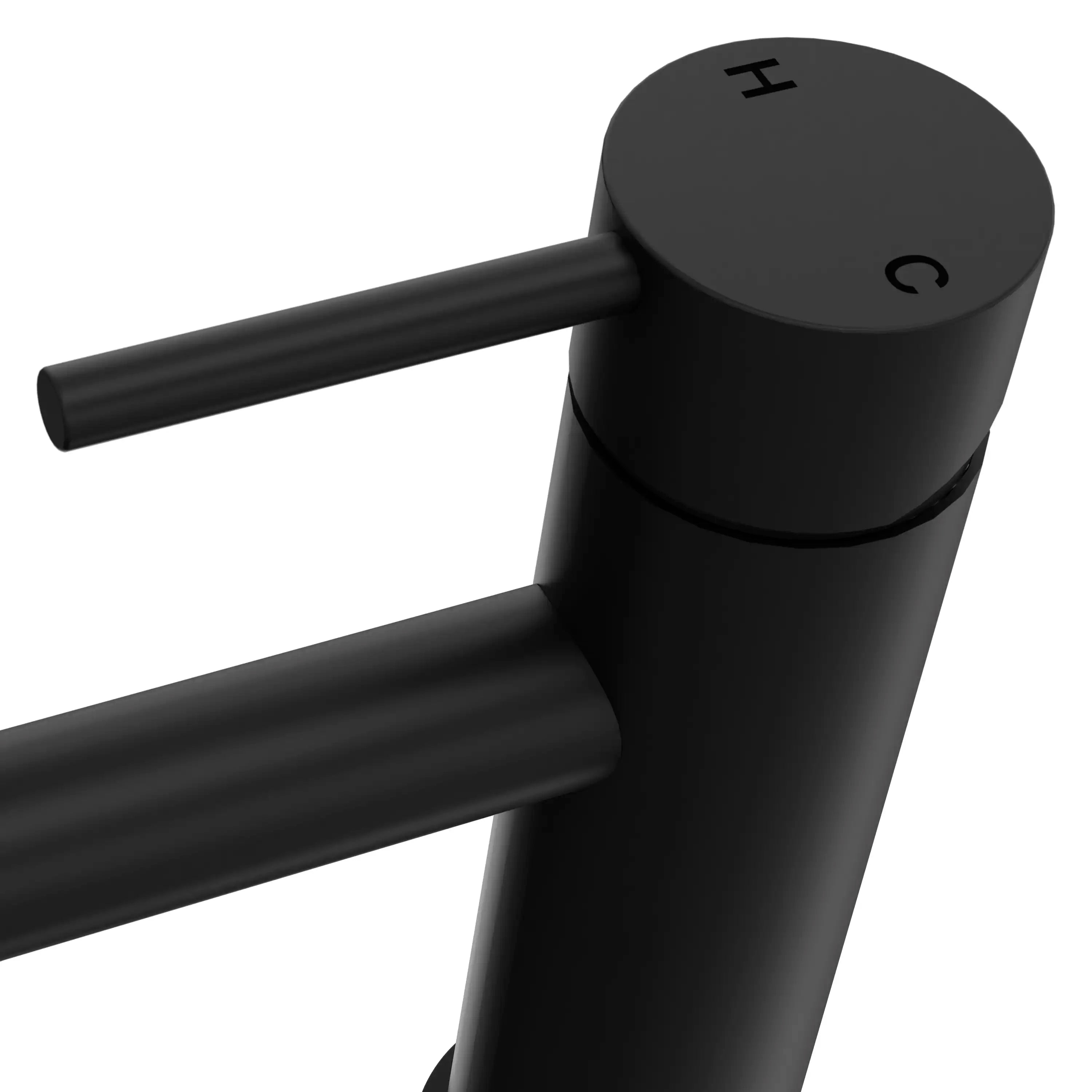Matte black single-handle faucet close-up of circular top and lever spout