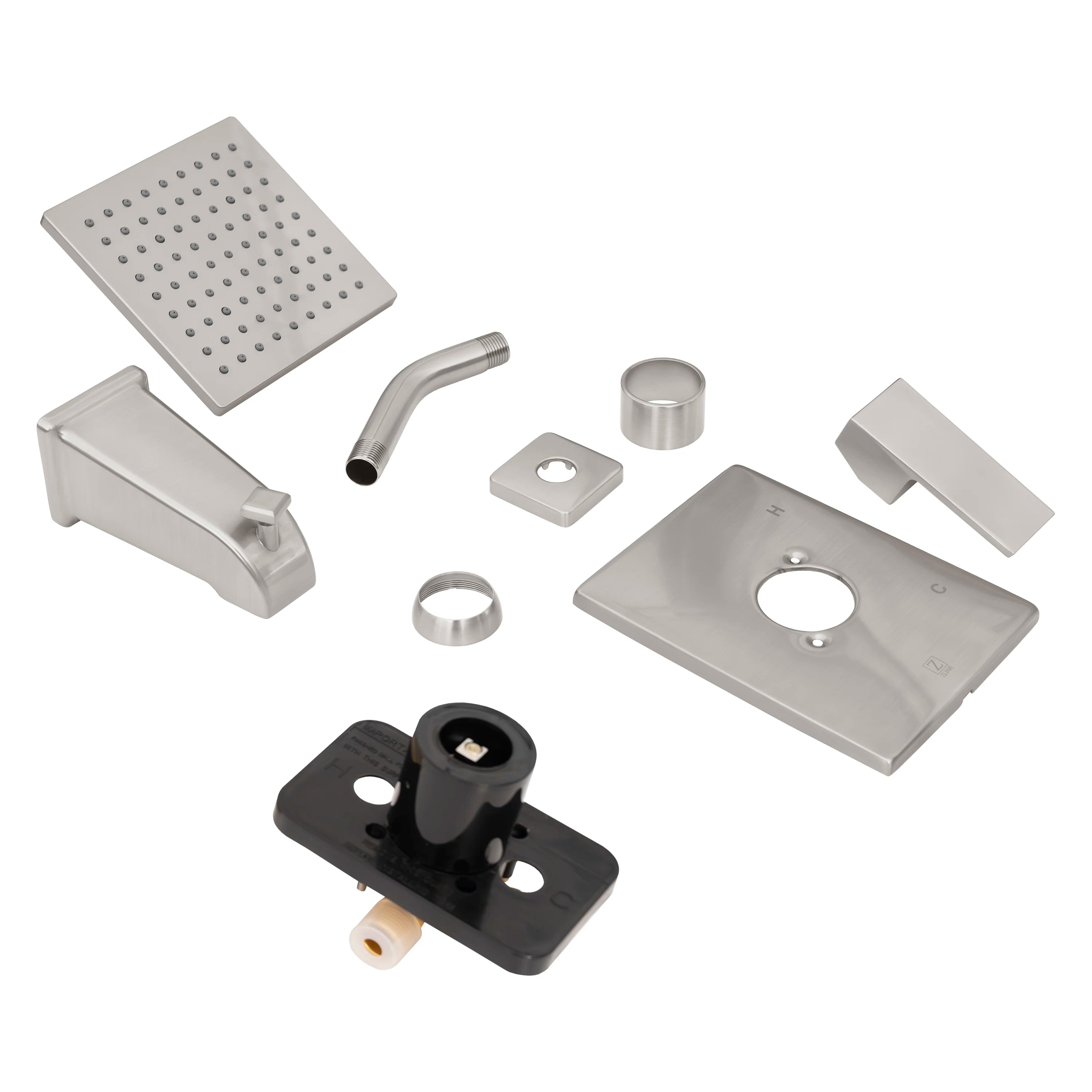 Brushed nickel shower system parts kit with showerhead, arm, trim, and mounting pieces