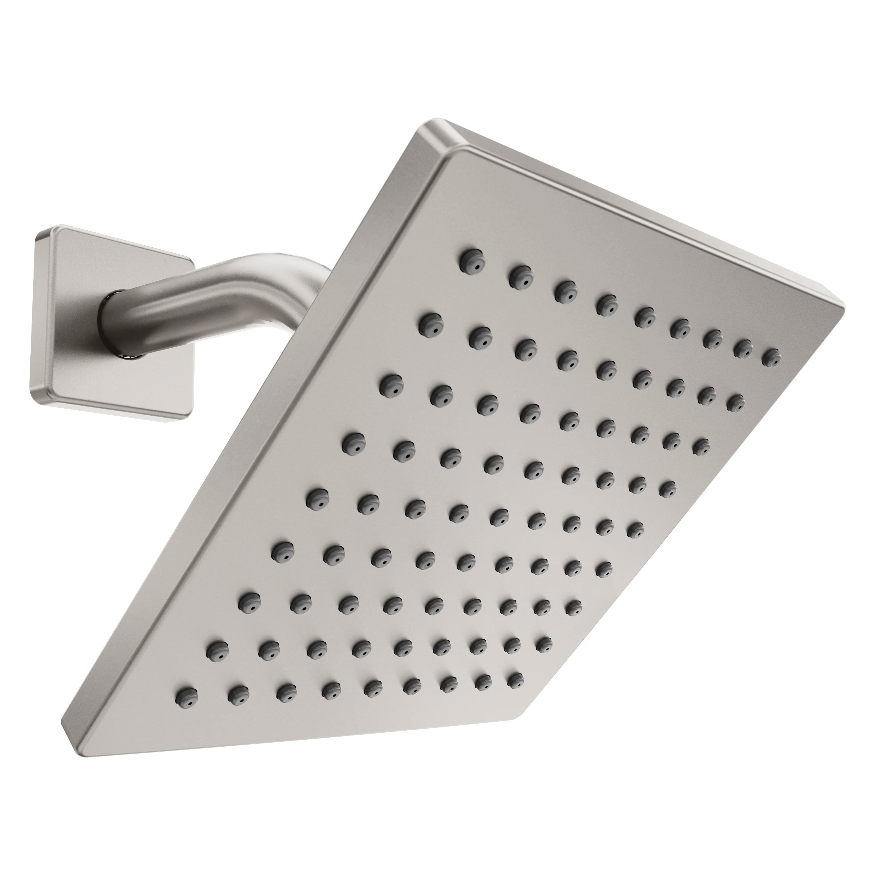 Brushed nickel shower head with angled wall arm and square spray face