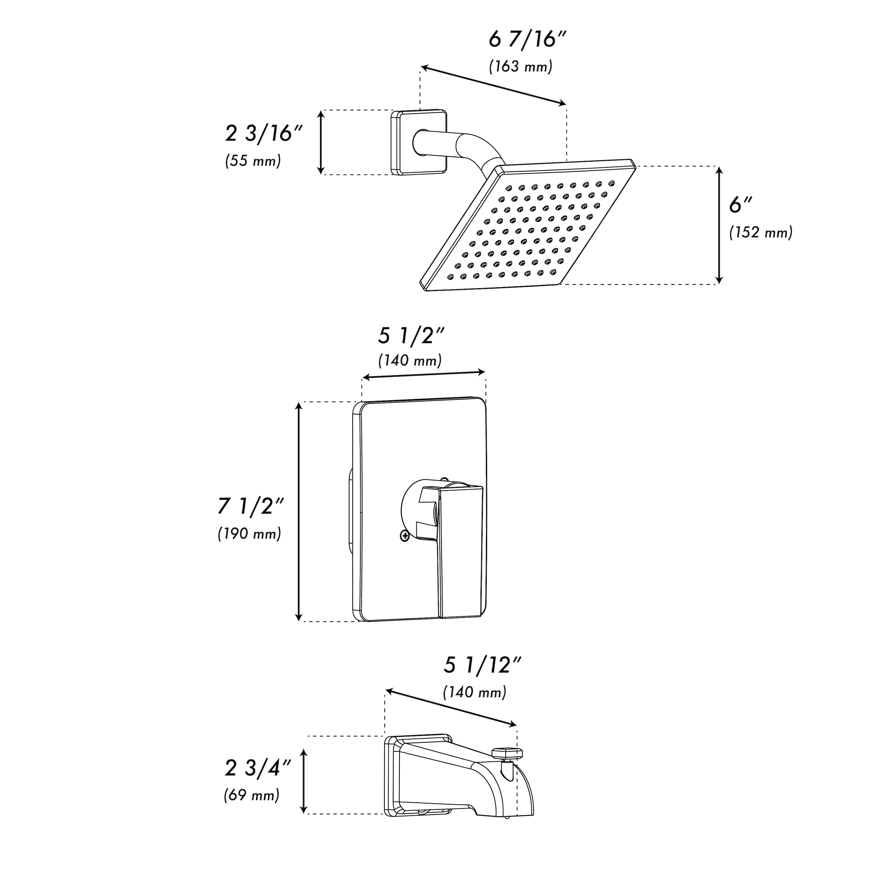 Shower system dimension diagram showing showerhead, arm, and control handle layout