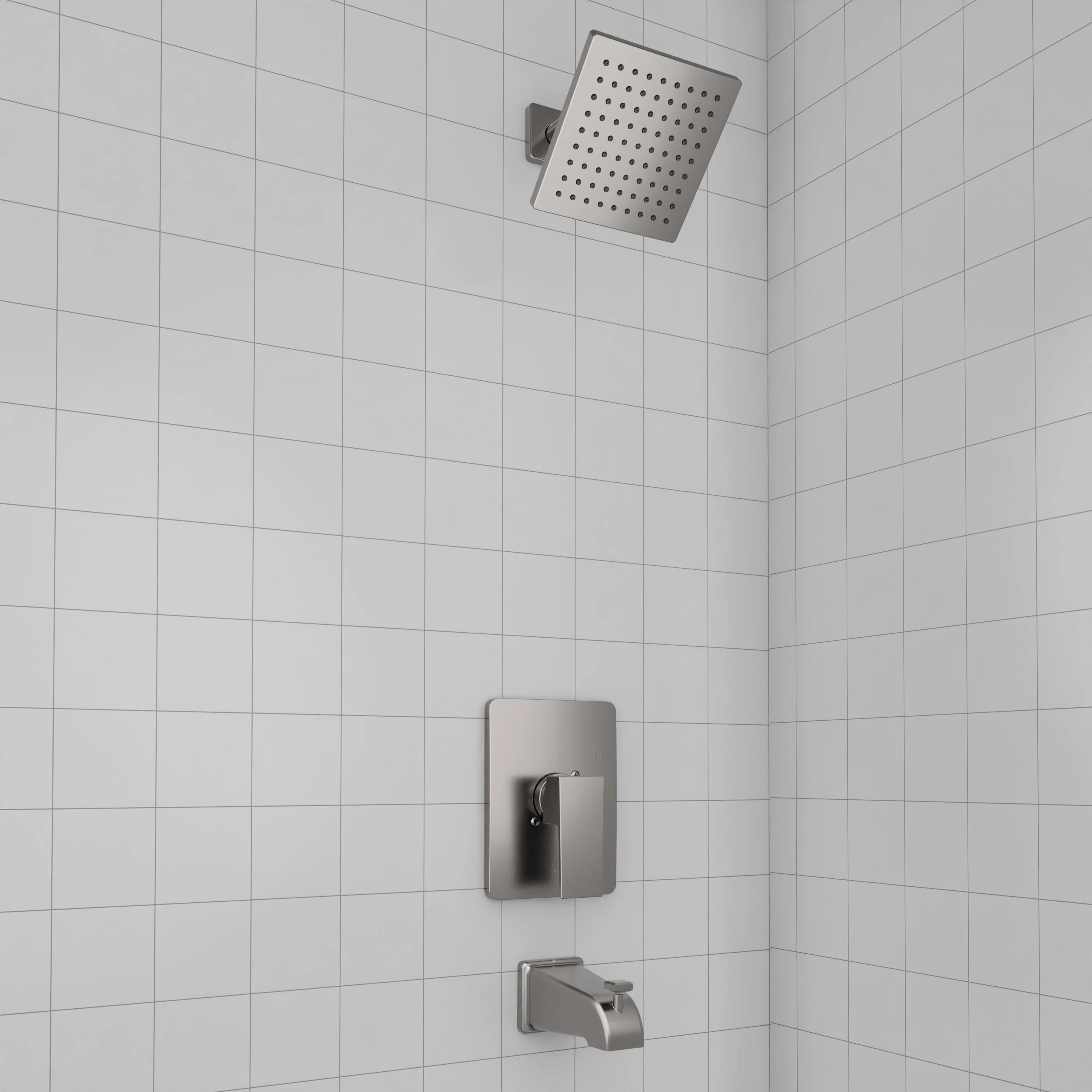 Brushed nickel shower valve with square showerhead and wall-mounted diverter