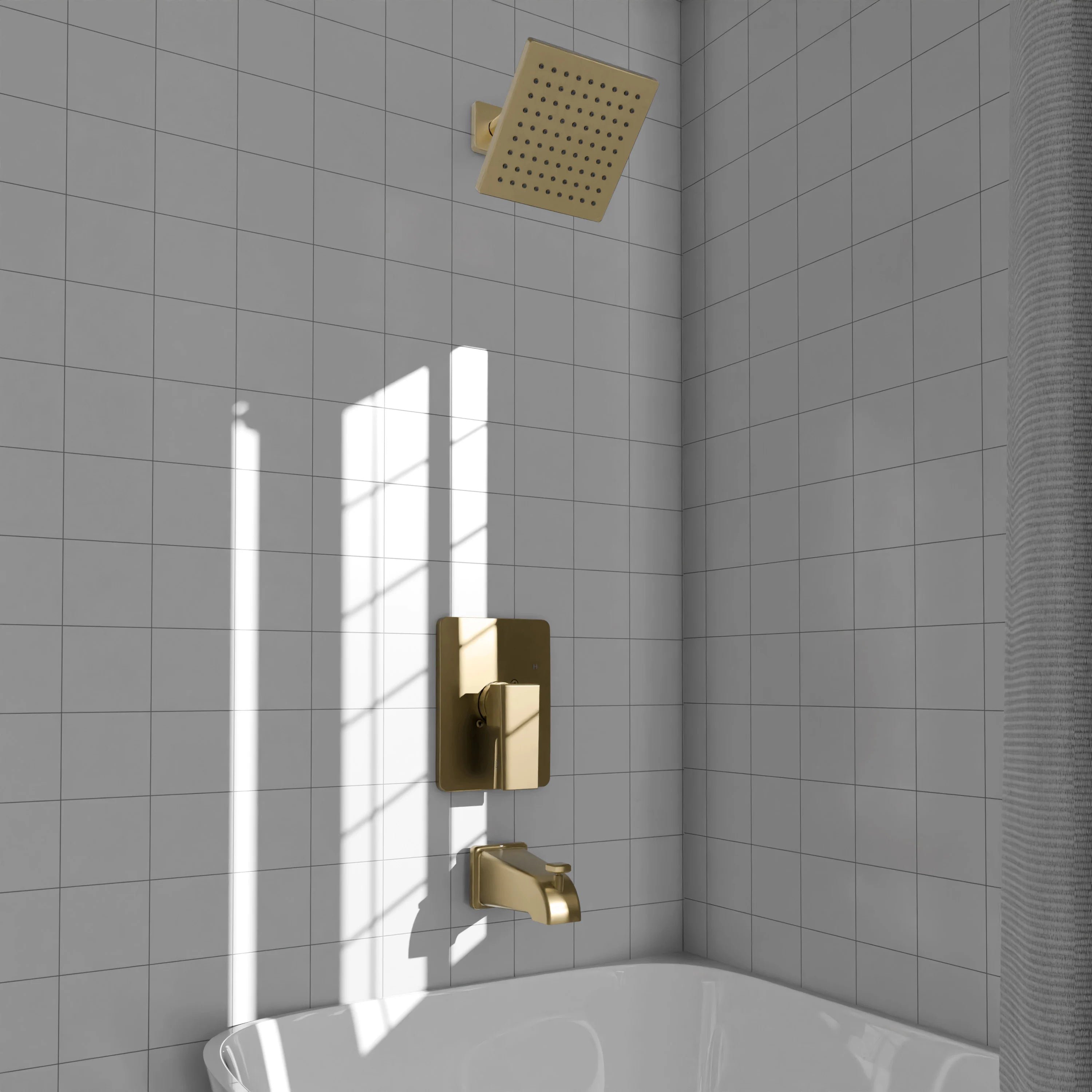 Champagne bronze shower mixer valve and wall-mounted shower head above tub