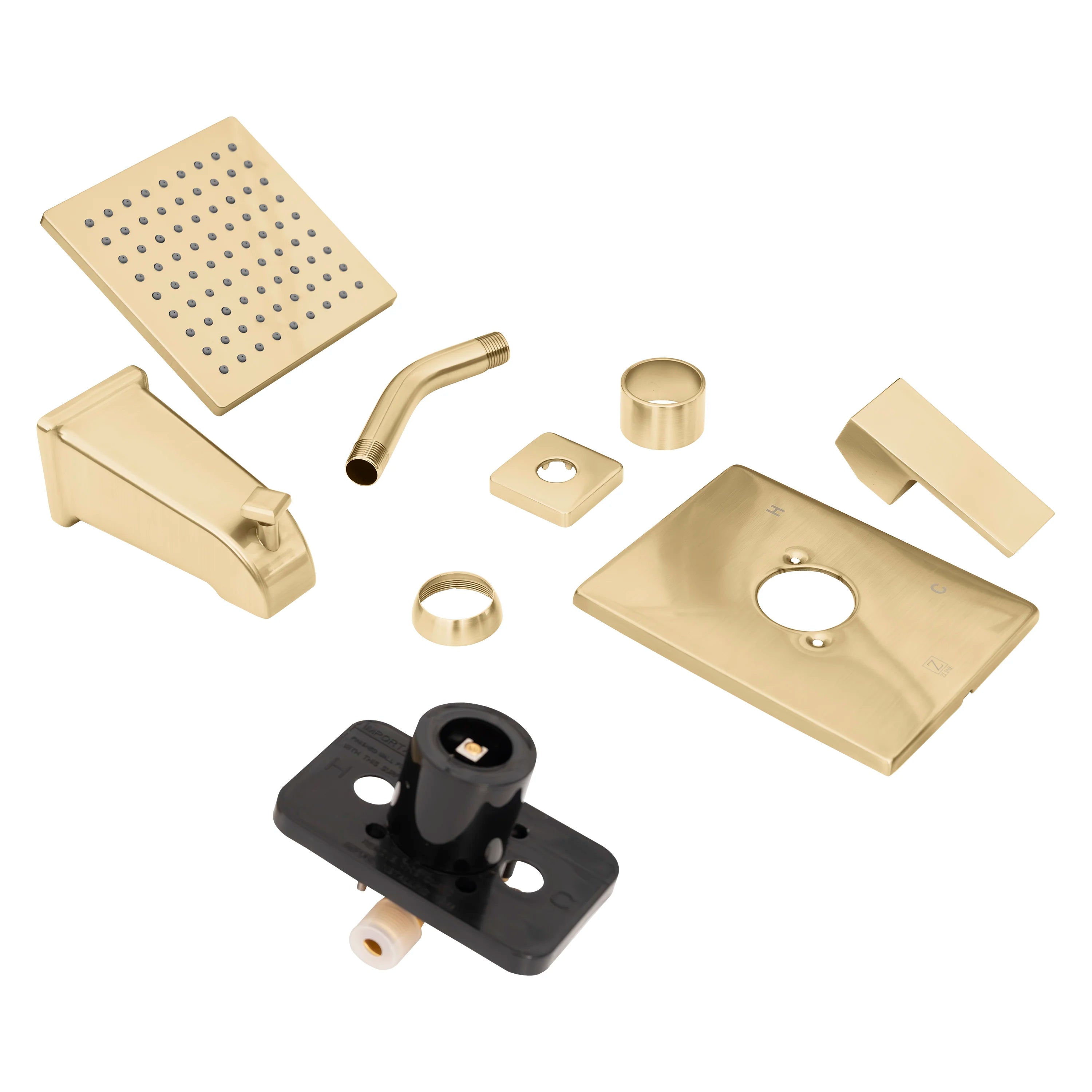 Champagne bronze shower system parts set: rain head, handle, plates, and trim ring