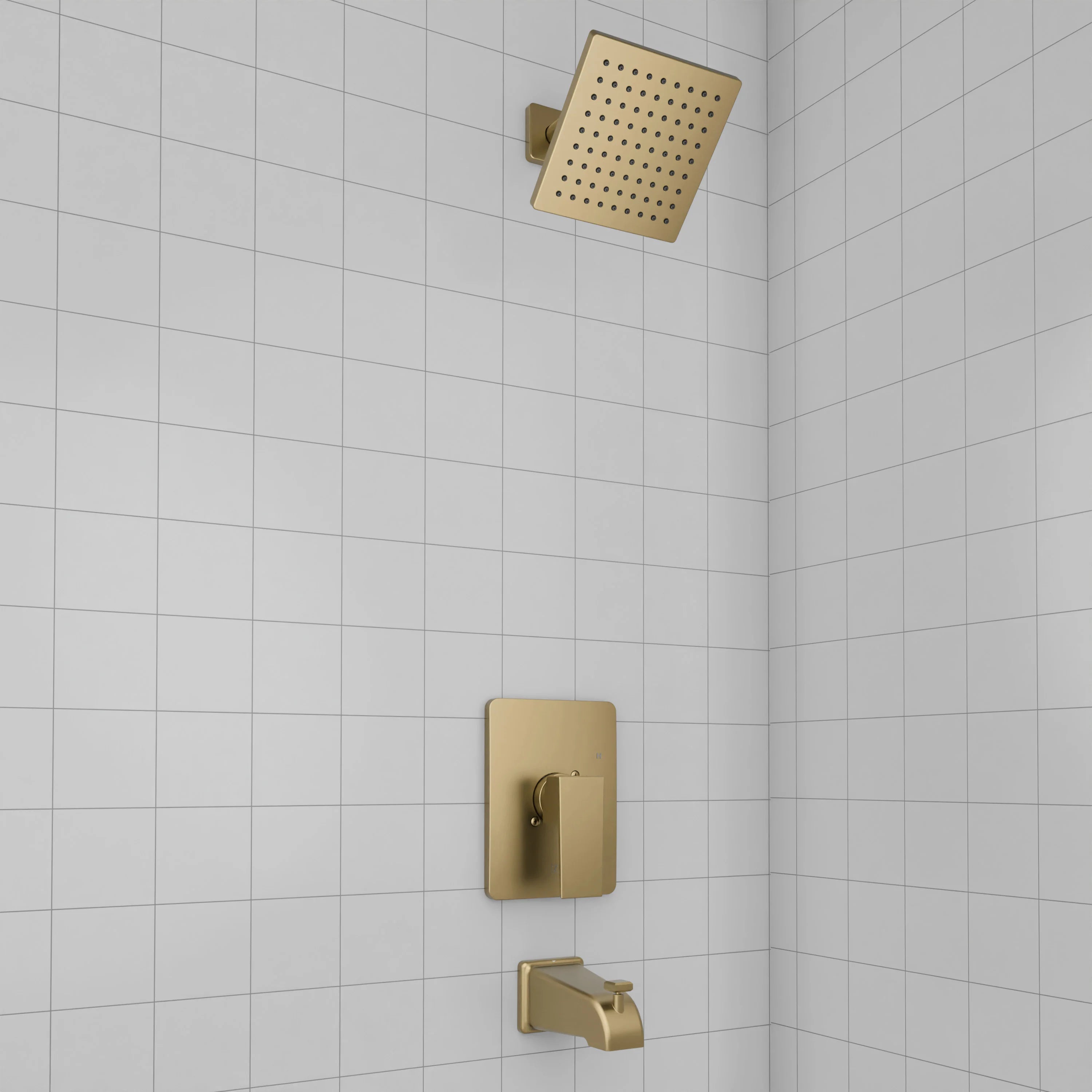 Champagne bronze shower mixer controls and square rain shower head on wall