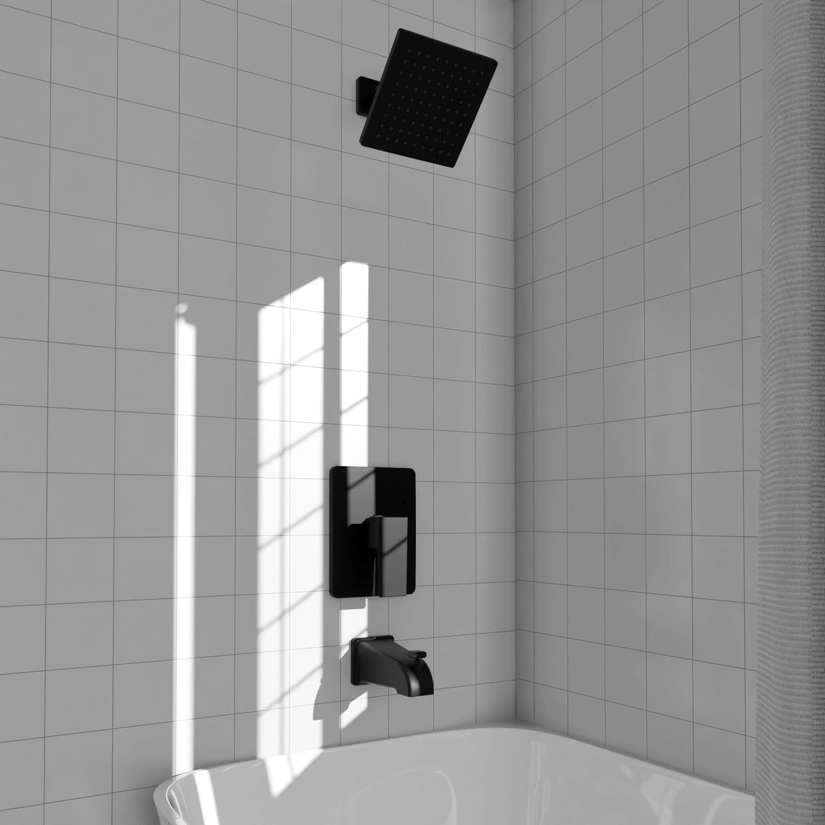 Matte black wall-mounted shower set with square rain head and diverter valve
