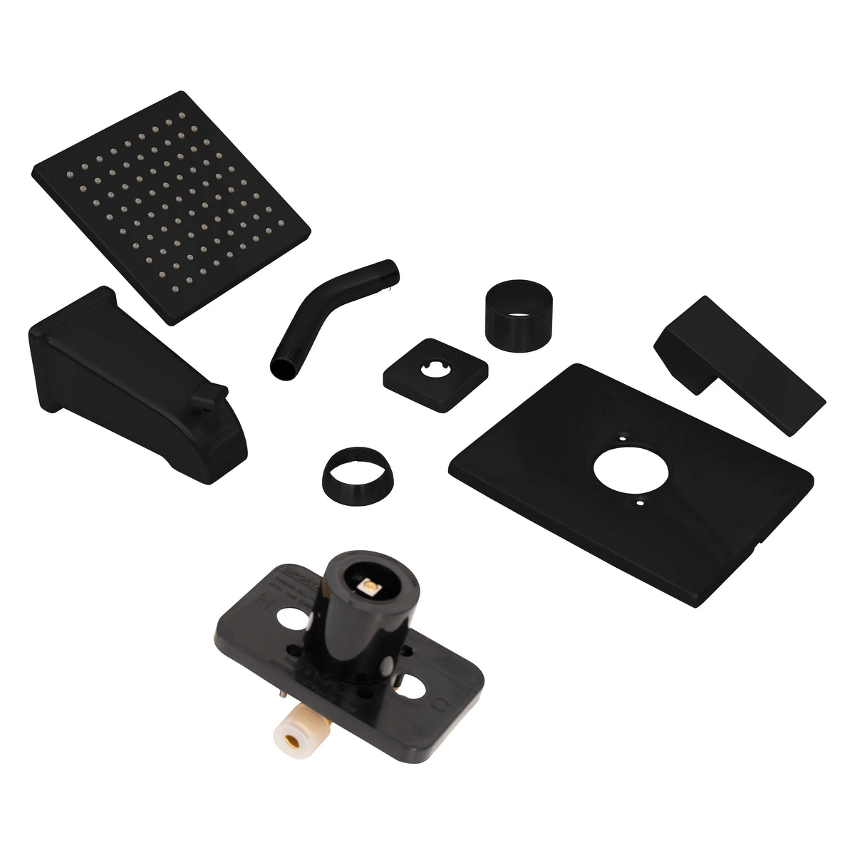 Matte black shower system components, including rain head, trim plate, and valves