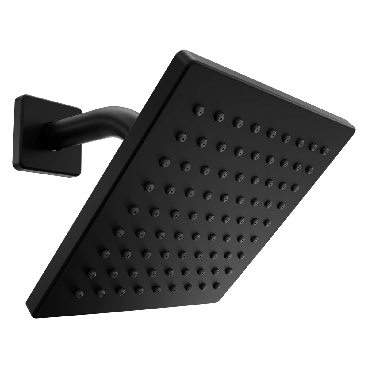 Matte black square rain shower head with multiple spray nozzles and arm