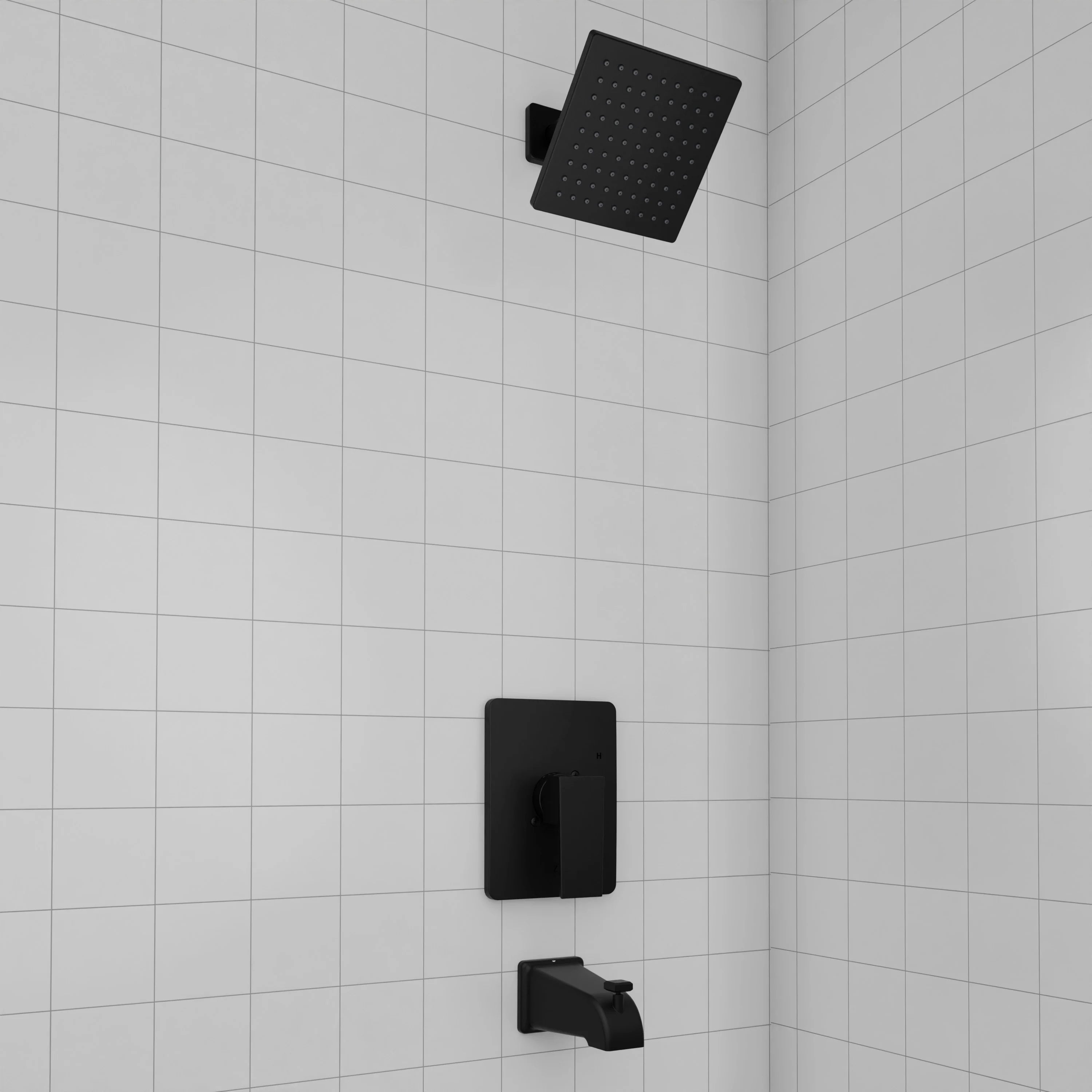 Matte black wall-mounted shower system with square rain head and control valve