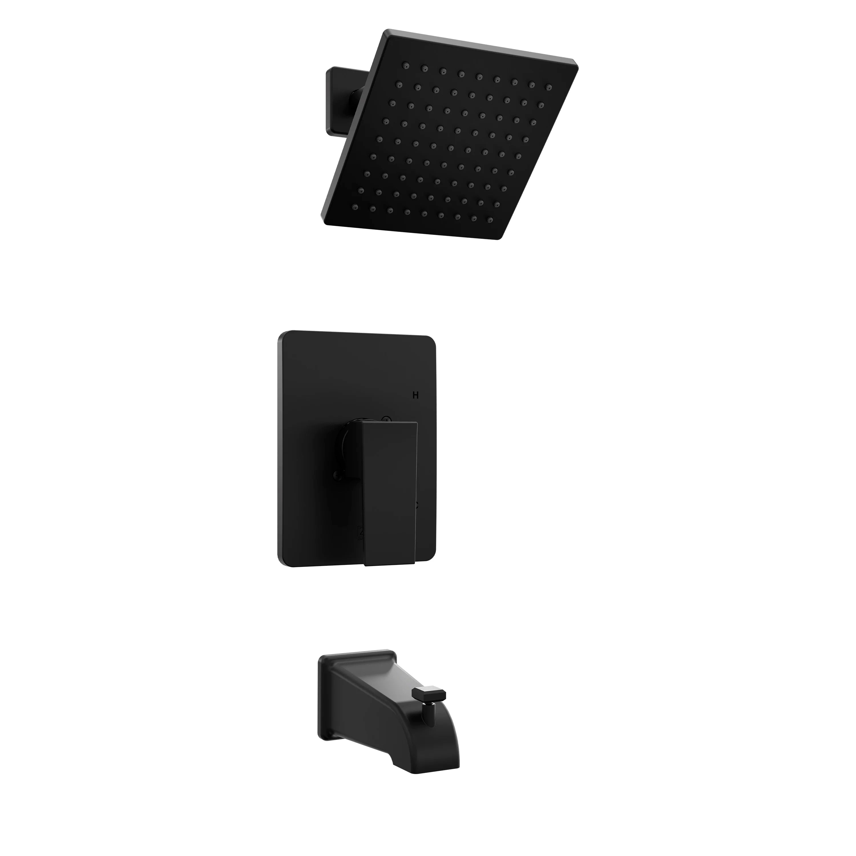 Matte black shower system parts: square rain head and wall control valve