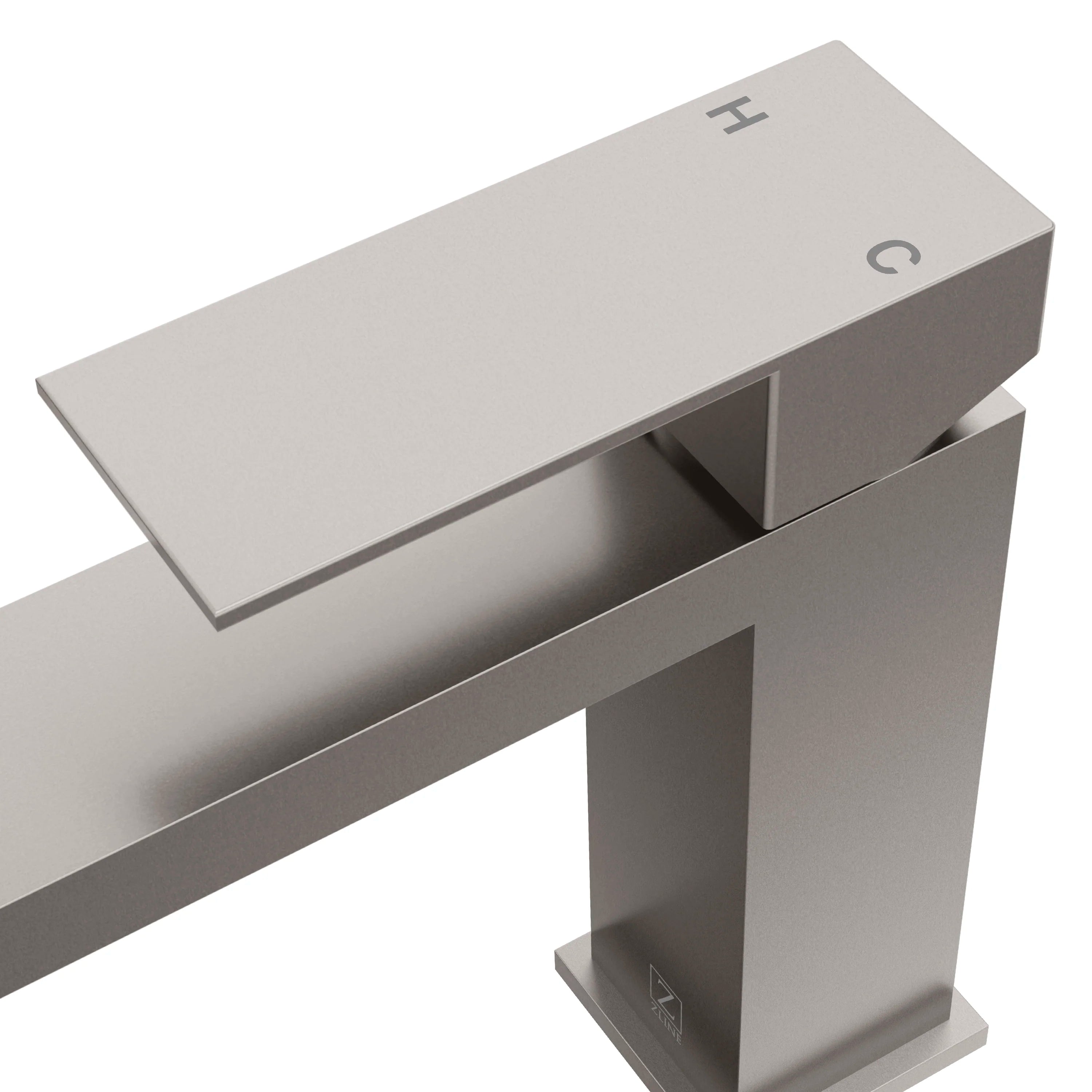 Brushed nickel faucet spout and single lever handle in angled close-up view.