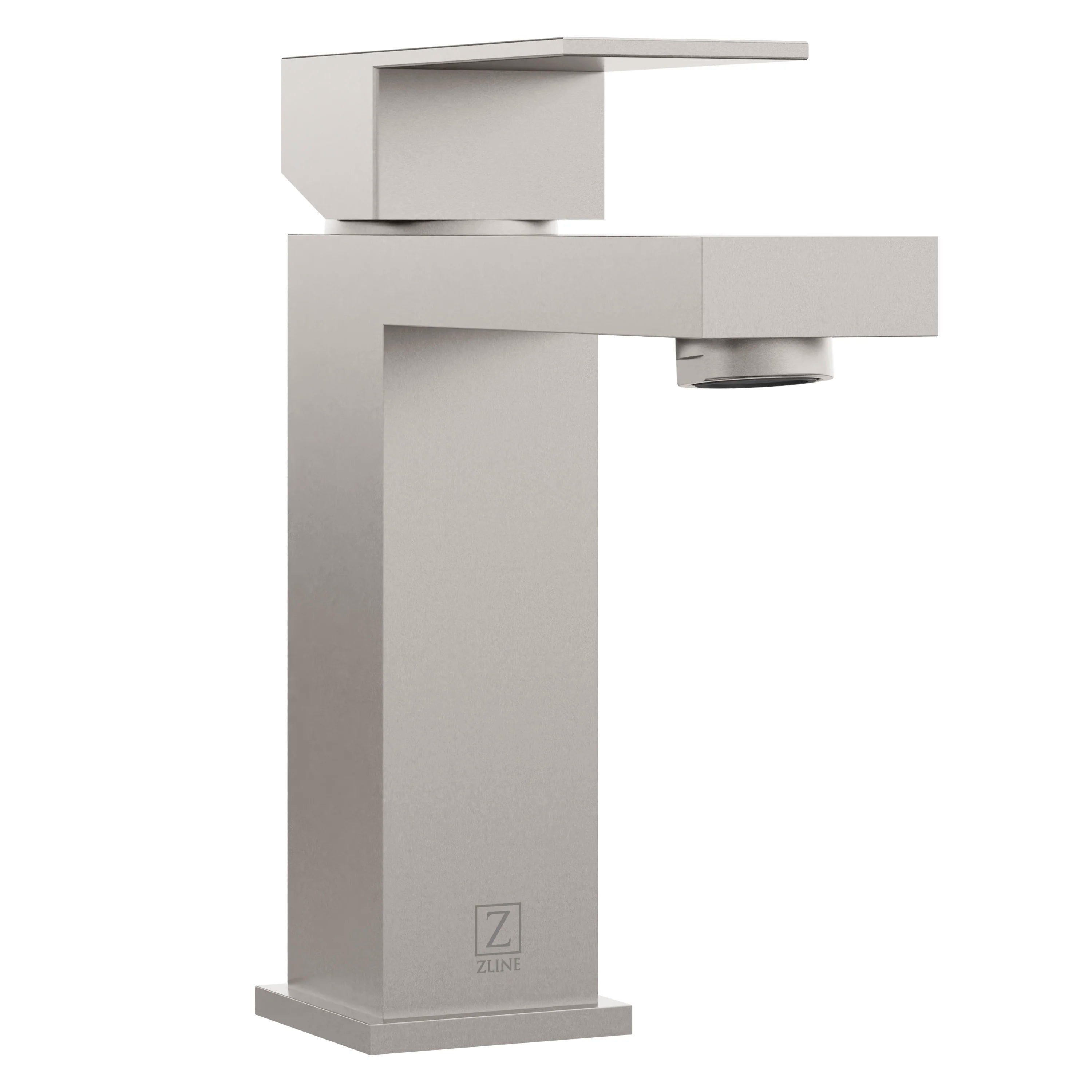 Brushed nickel modern single-handle bath faucet with square base and streamlined spout.