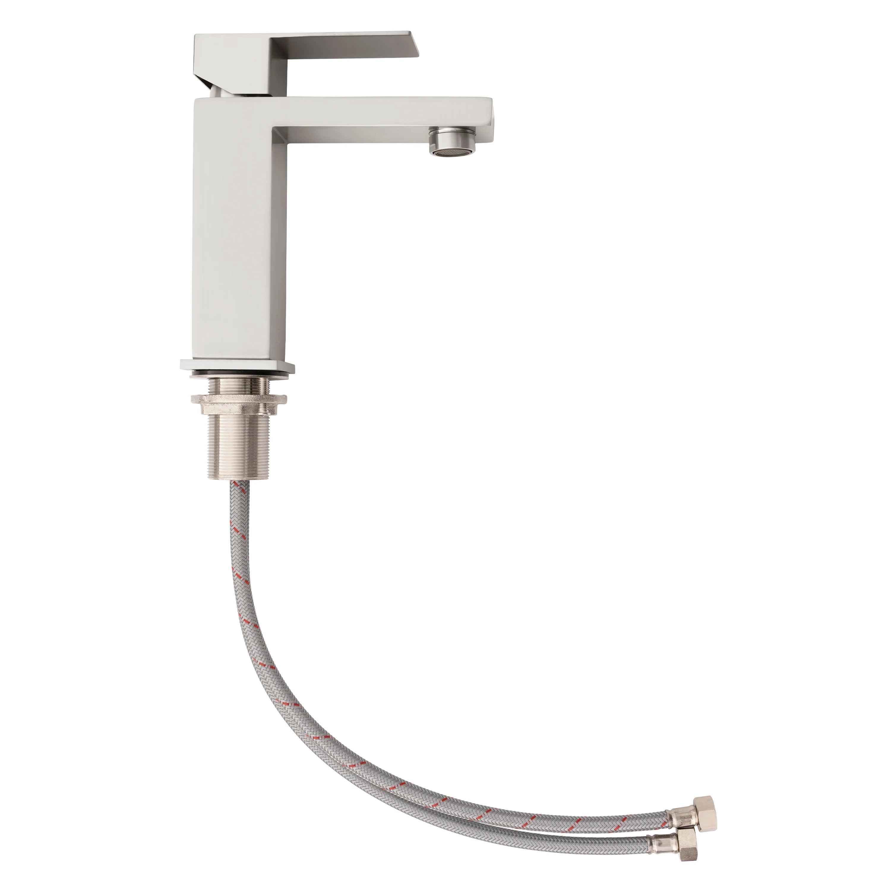Brushed nickel single-handle faucet with braided supply hoses and mounting hardware.
