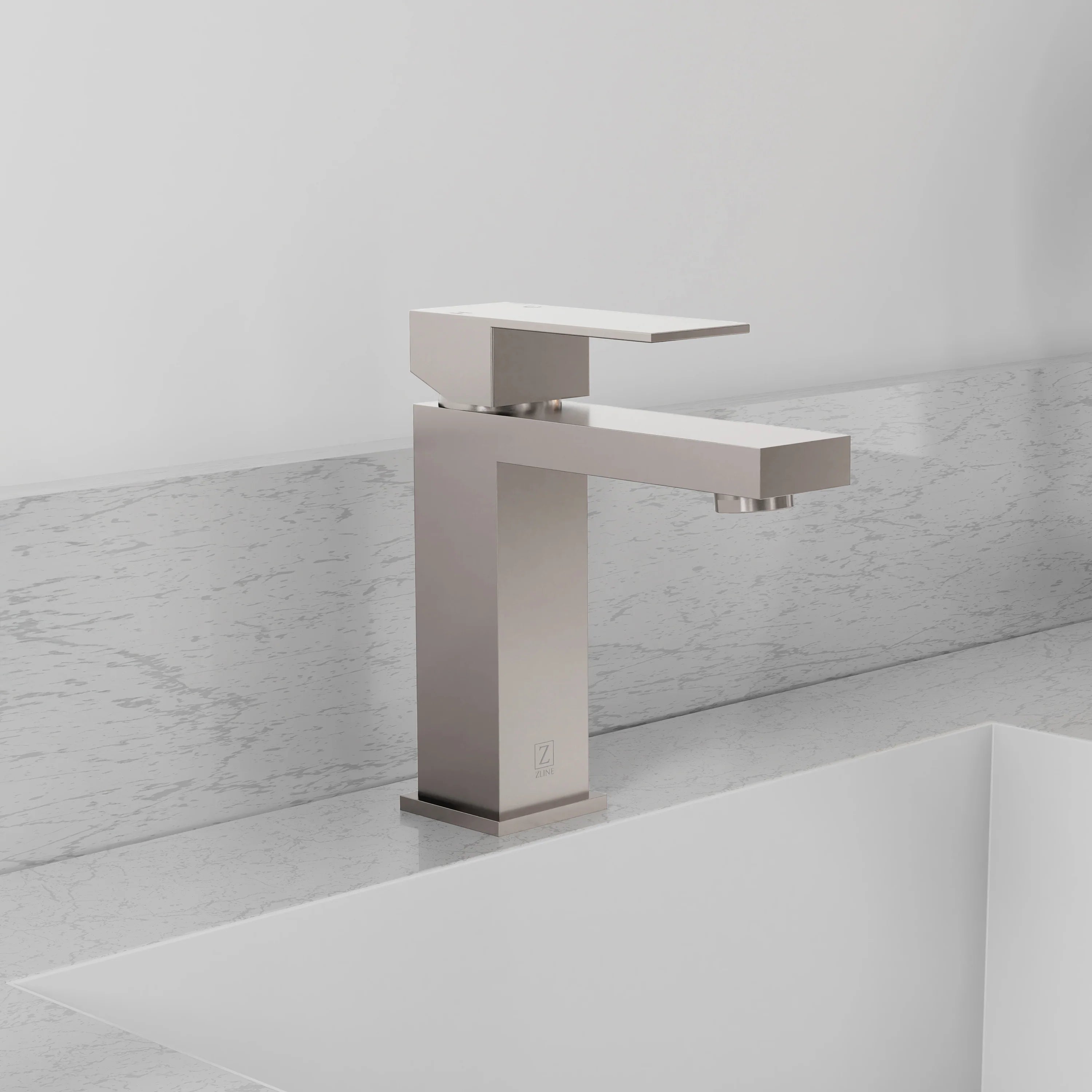 Brushed nickel single-handle bath faucet with rectangular spout and deck-mount base.