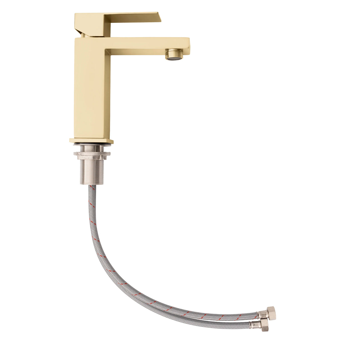 Champagne bronze single-handle bath faucet with braided supply hoses and lever spout.