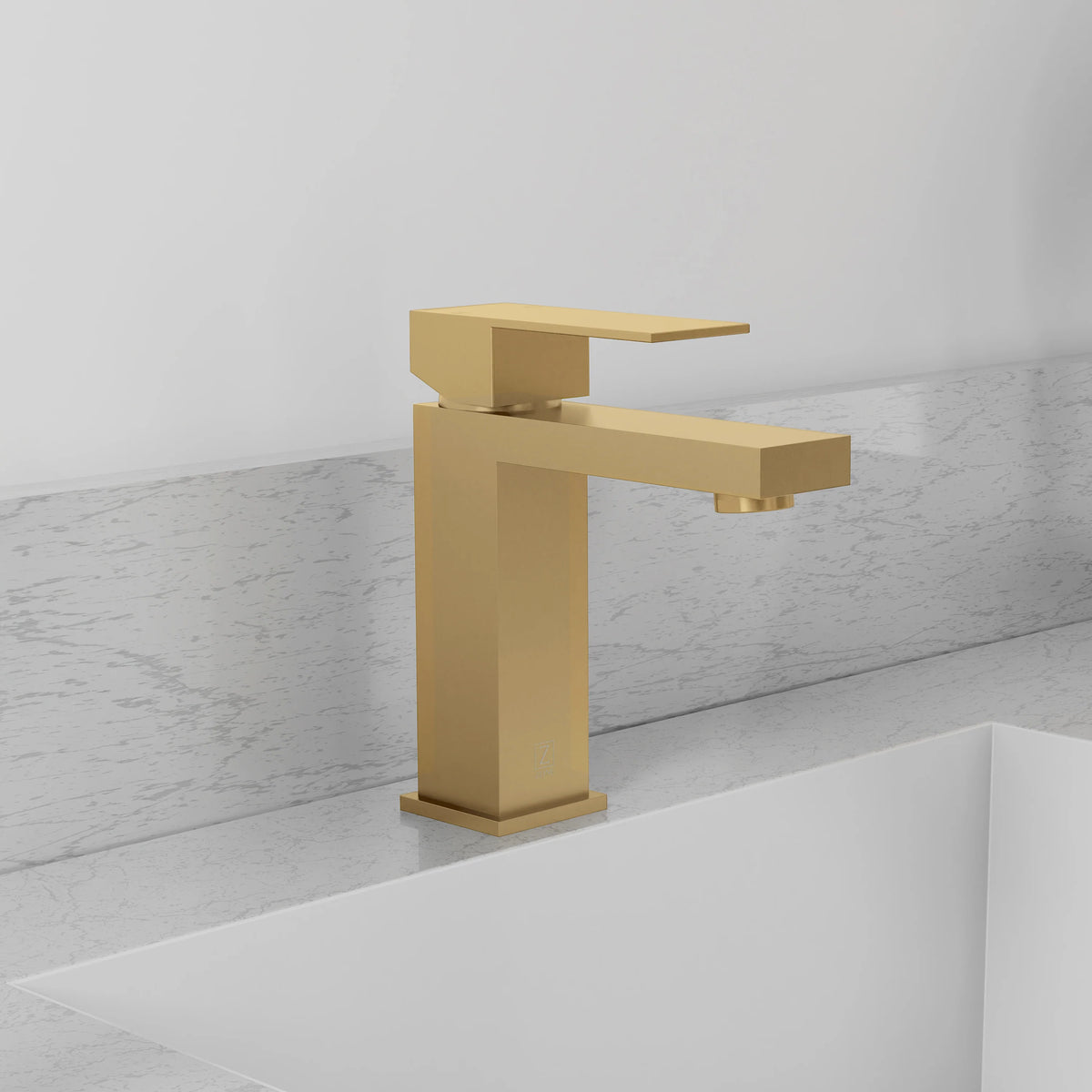 Champagne bronze single-handle bath faucet with angular spout and deck plate.