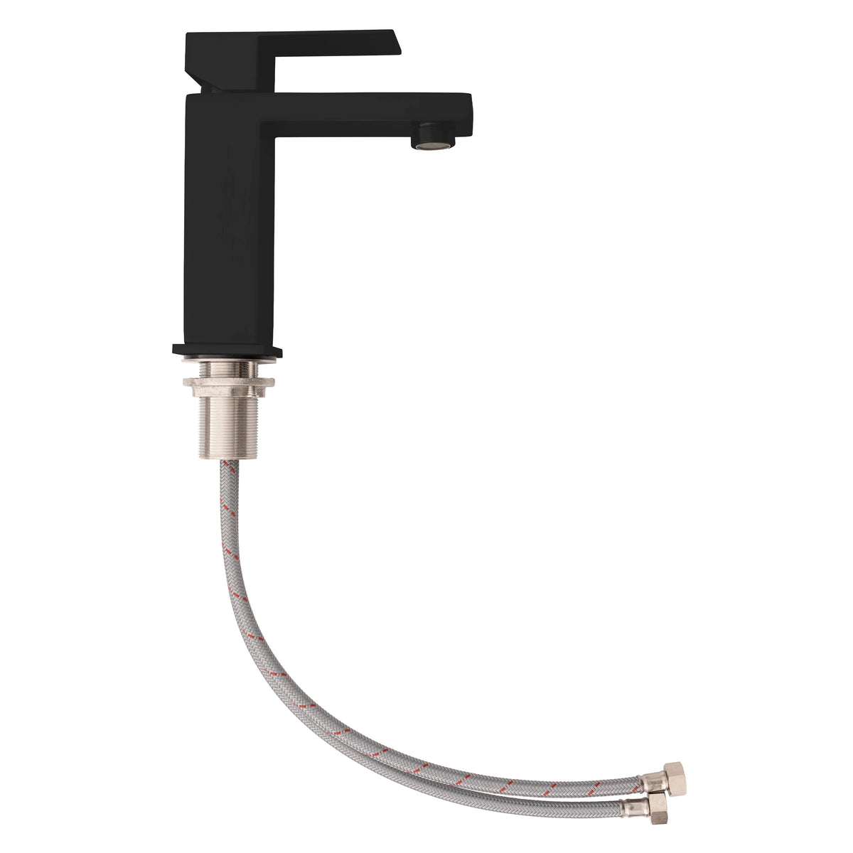 Matte black single-handle faucet with braided supply hoses and mounting valve